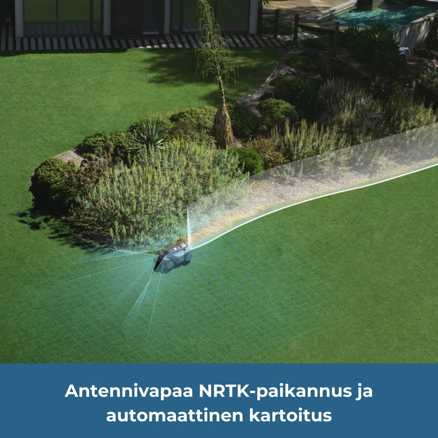 Segway Navimow X4 E rajalangattomassa robottiruohonleikkurissa on täysin antennivapaa NRTK-paikannus ja automaattinen kartoitus eli robotti tunnistaa nurmialueen rajat automaattisesti.