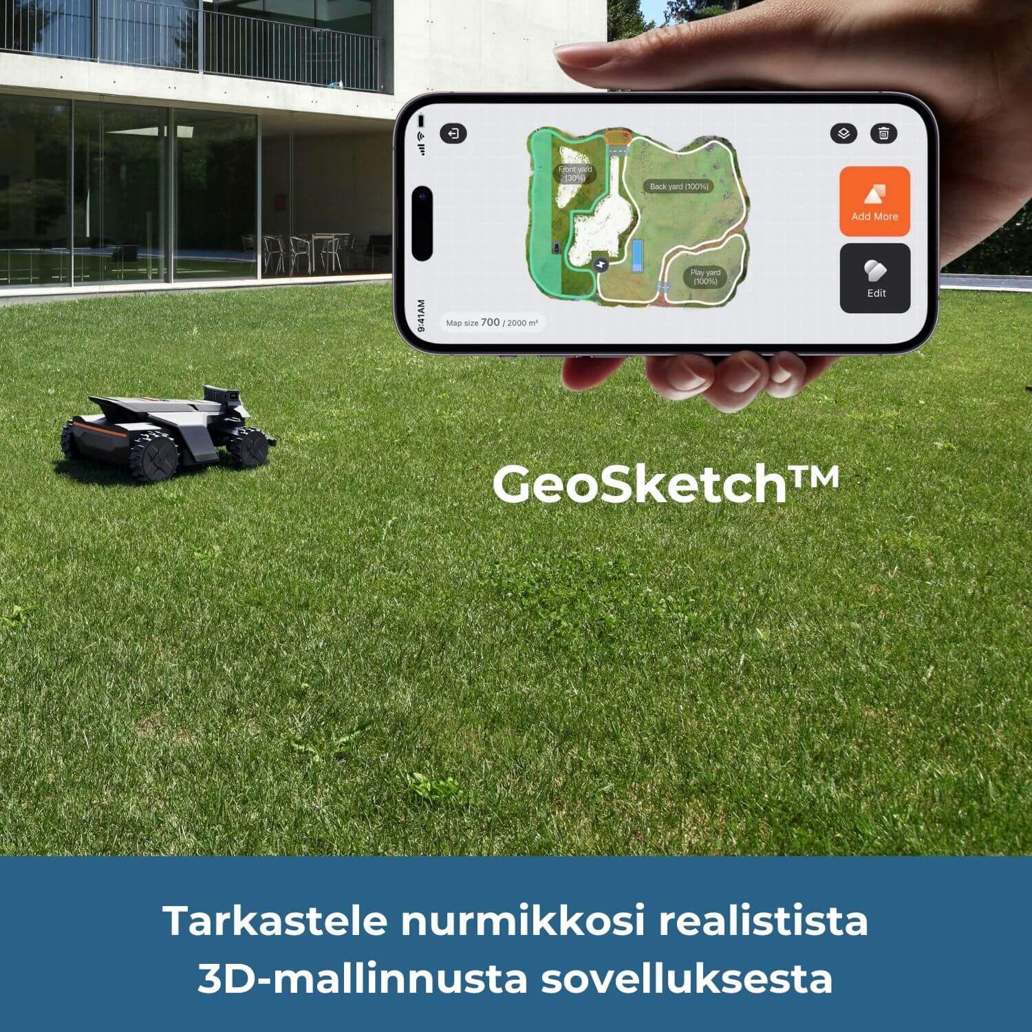 Segway Navimow X4 robottiruohonleikkurin mobiilisovelluksesta voidaan tarkastella realistista pihan 3D-mallinnosta, jonka automaattikartoitus pirrtää automaattisesti. Alueiden asetuksia voidaan muokata sovelluksesta.