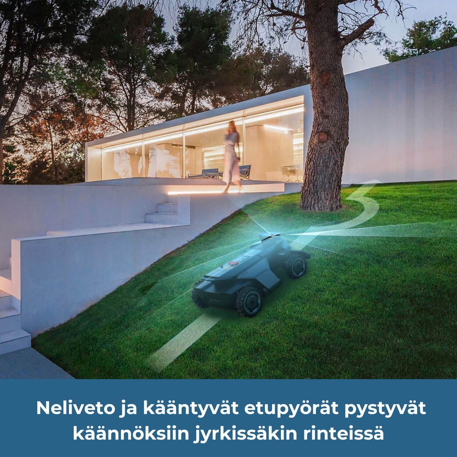 Segway Navimow X4 robottiruohonleikkuri väistää rinteessä kasvavaa puuta. X4-sarjan robottileikkurissa on neliveto ja kääntyvät etupyörät, joiden avulla se pystyy tekemään käännöksiä jopa jyrkissä rinteissä.