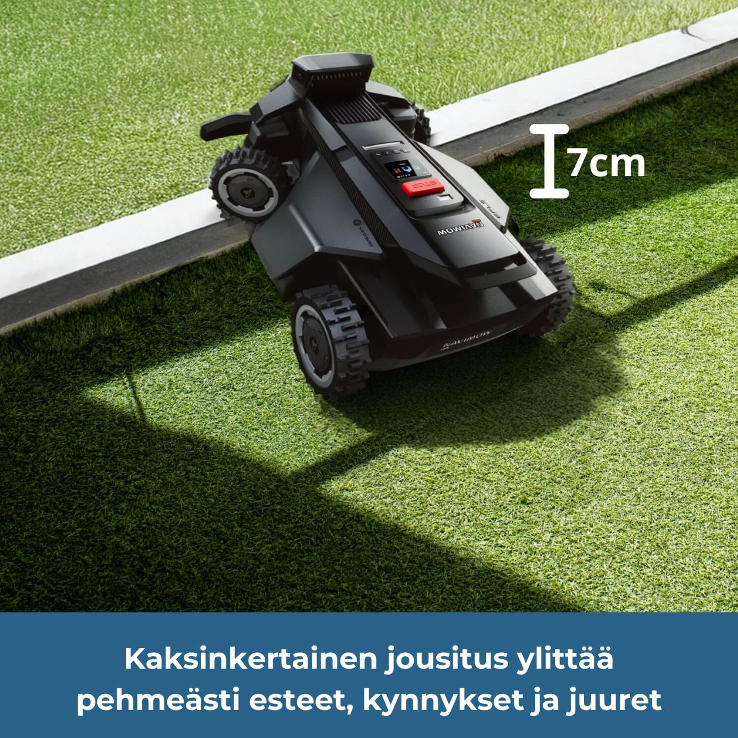 Segway Navimow X4 robottiruohonleikkurissa on kaksinkertaine jousitus, jonka avulla se ylittää pehmeästi esteet, kuten kynnykset, kivet ja juurakot.