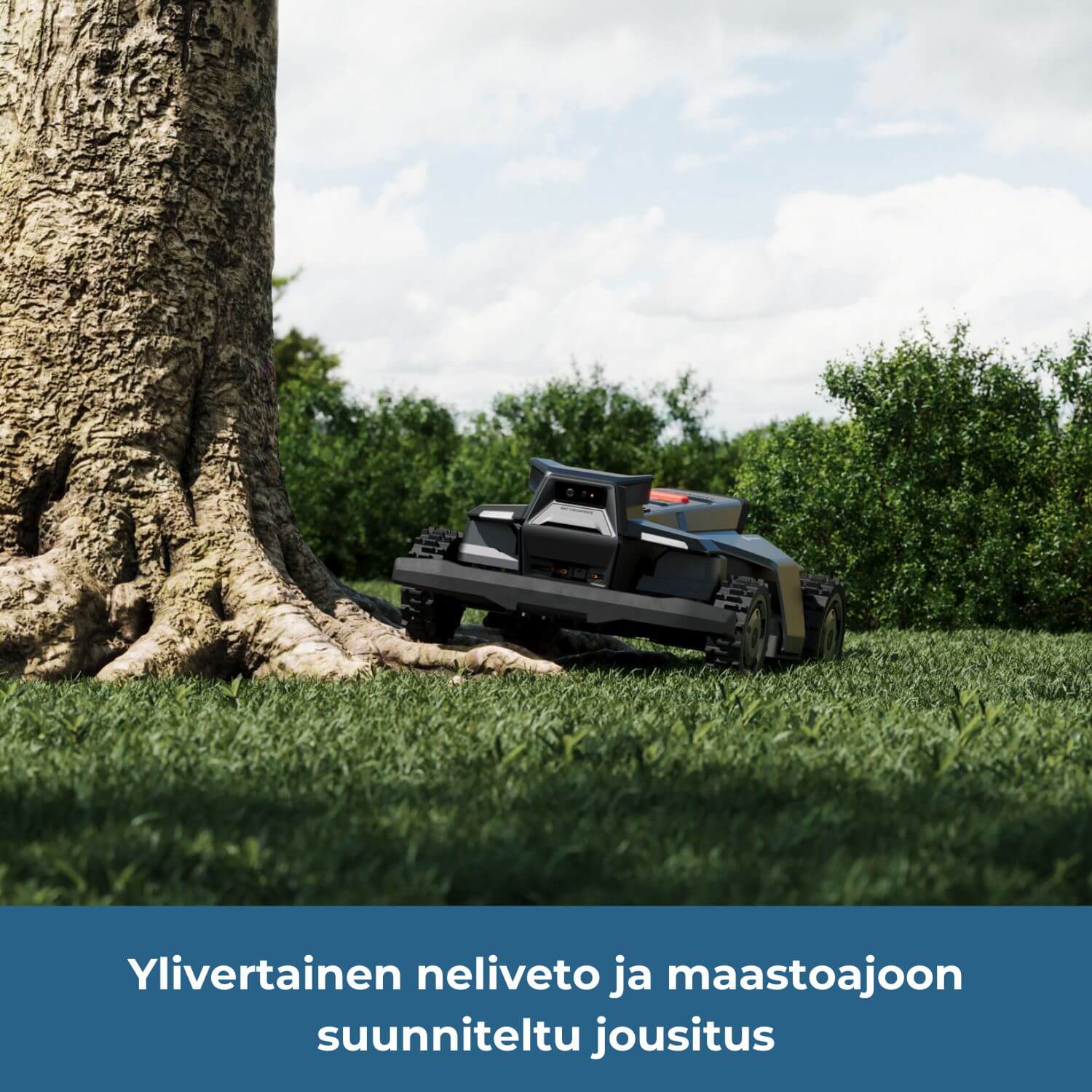 Segway Navimow X4 E robottiruohonleikkurissa on neliveto ja maastoajoon suunniteltu jousitus.