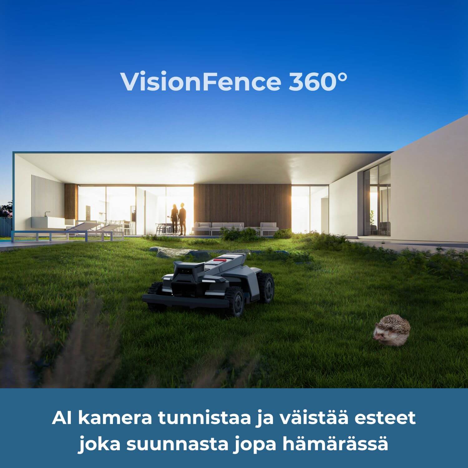Segway Navimow X4 robottiruohonleikkurin Ai-kamera ja VisionFence 360 tunnistaa ja väistää esteet joka suunnasta, jopa hämärässä.