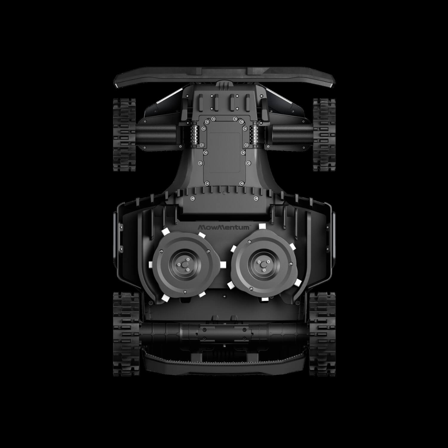 Segway Navimow X4 rajalangaton robottiruohonleikkuri, musta, pohjasta kuvattuna.