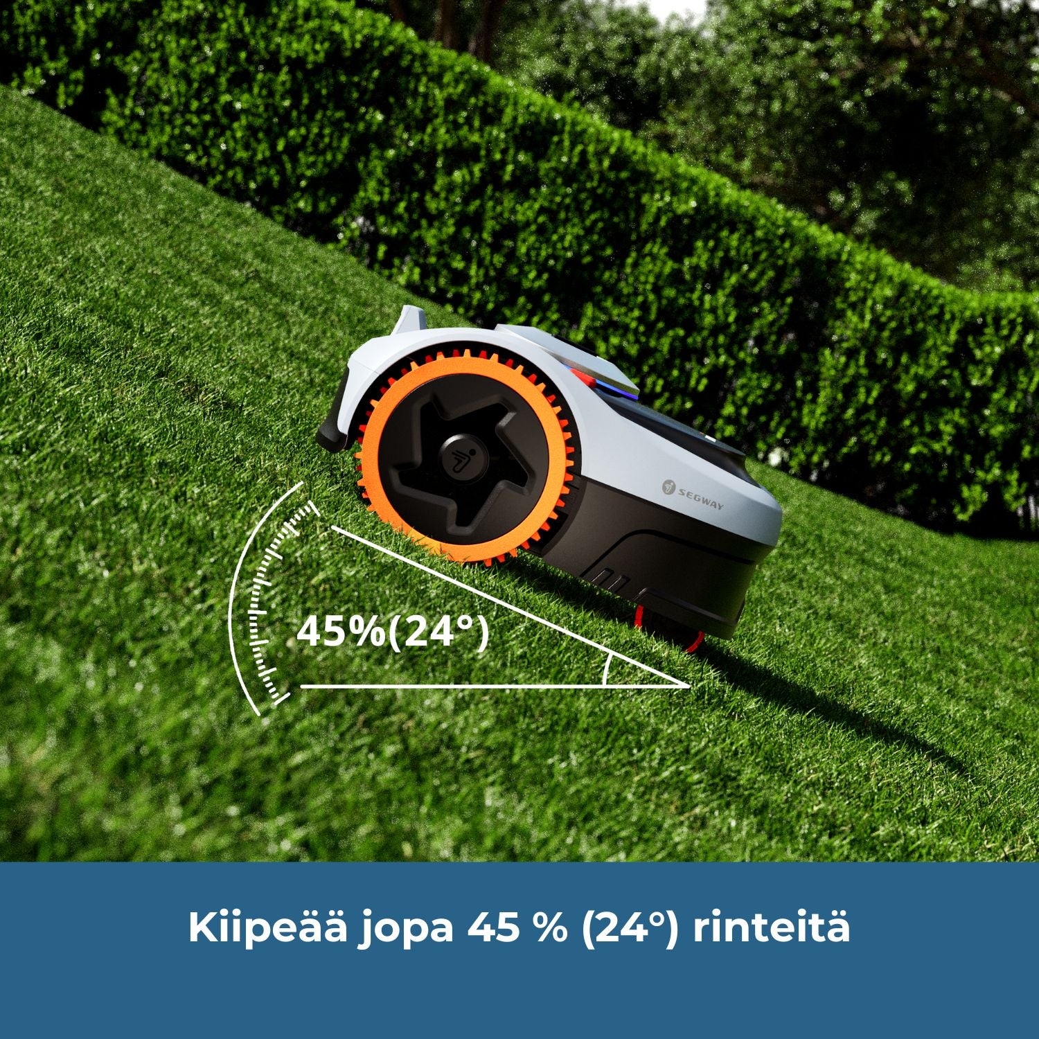 Segway Navimow i2 E AWD rajalangaton robottiruohonleikkuri kiipeää jopa 45% (24 astetta) kaltevuuskulman rinteitä.