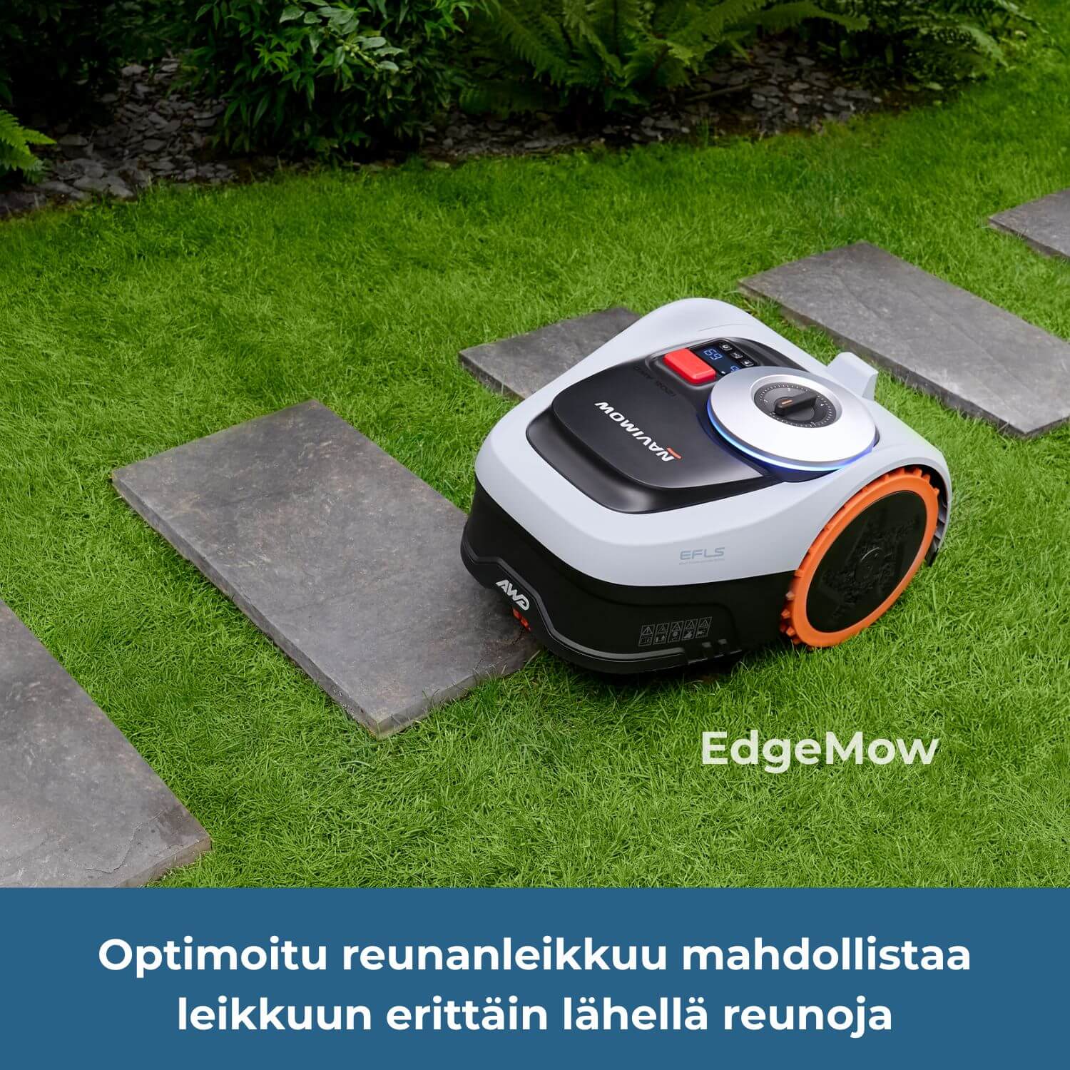Segway Navimow i2 E AWD rajalangaton robottiruohonleikkurissa on EdgeMow optimoitu reunanleikkuu, joka mahdollistaa nurmikon leikkuun erittäin lähellä reunoja, esimerkiksi laattojen tai askelkivetysten vieressä.