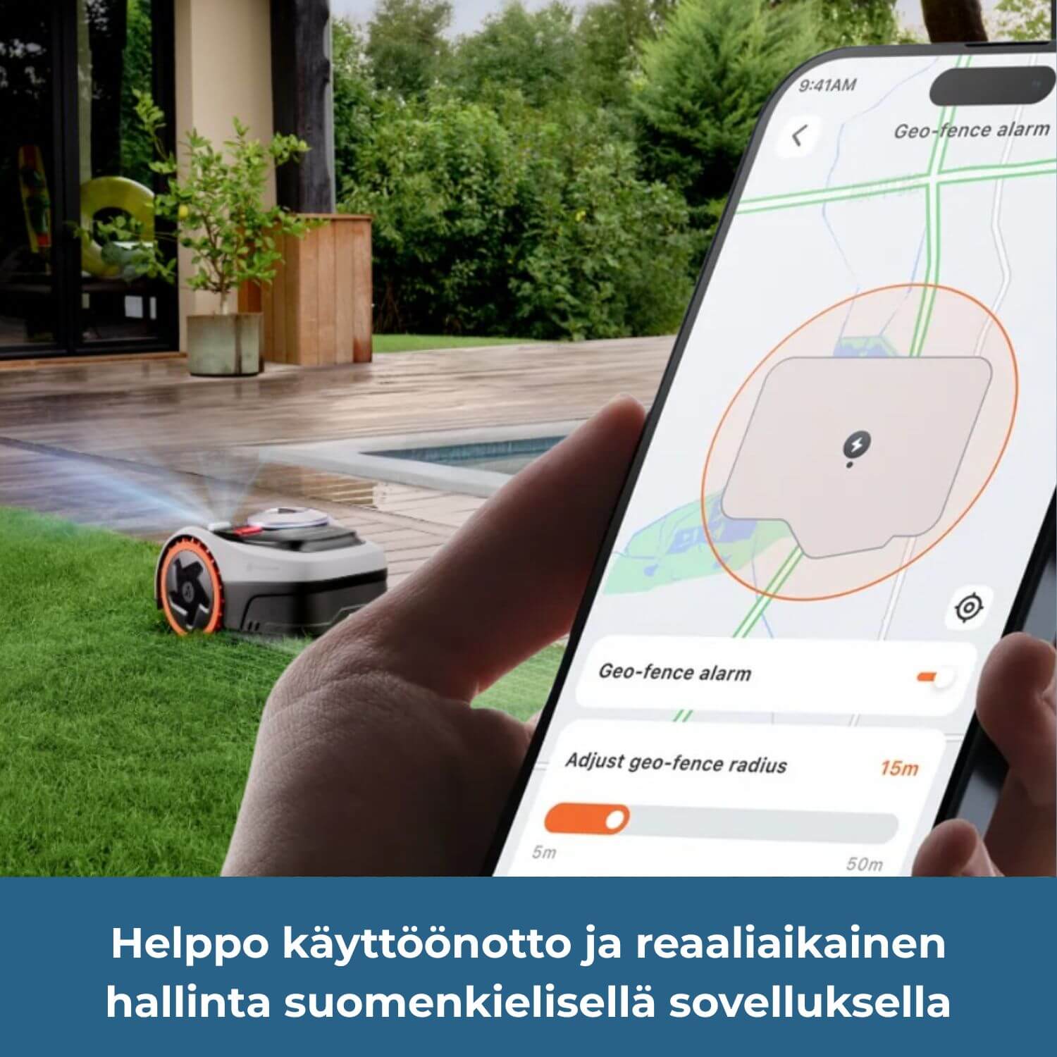 Segway Navimow i2 E AWD rajalangaton robottiruohonleikkurin käyttöönotto on helppo ja reaaliaikainen hallinta onnistuu suomenkielisellä mobiilisovelluksella.