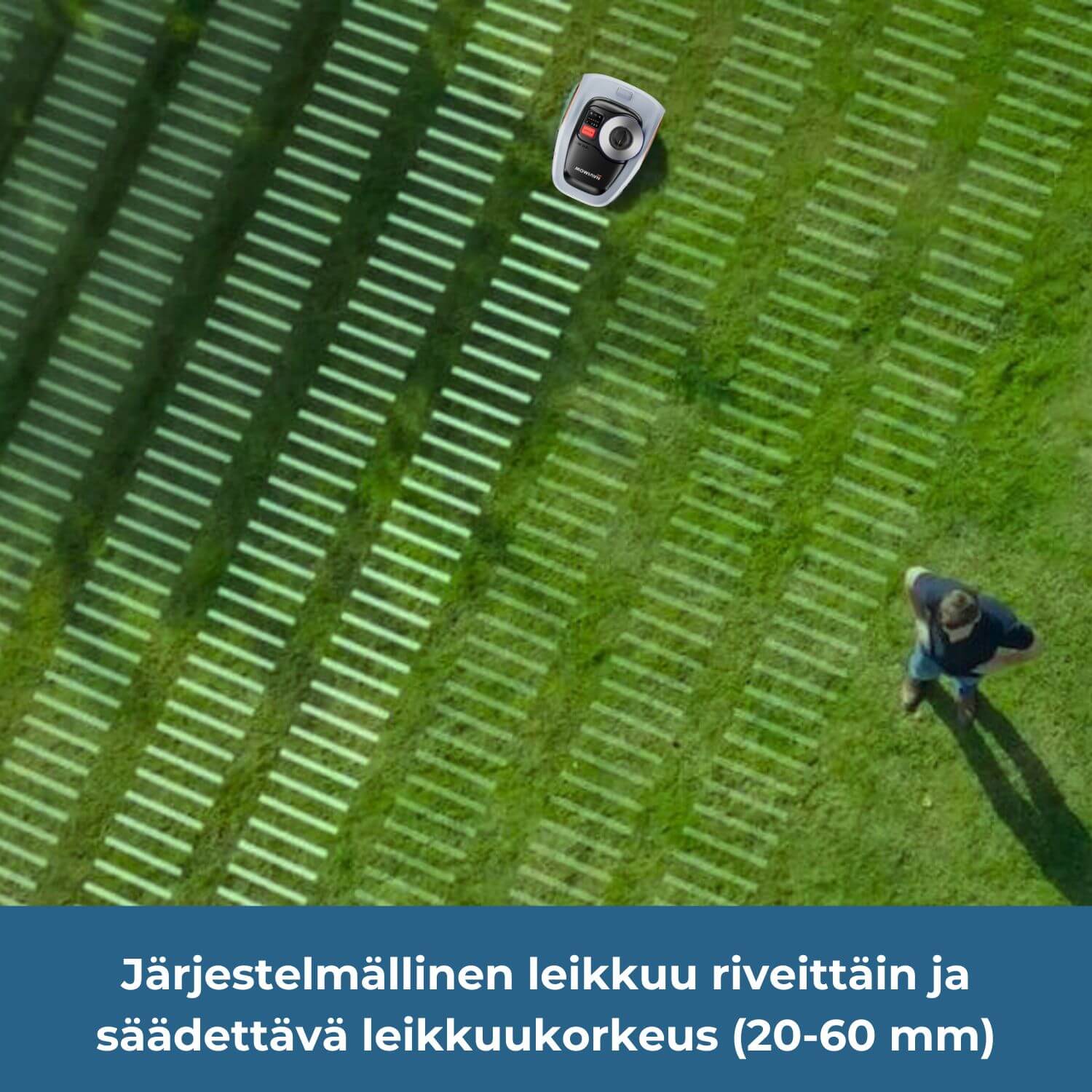 Segway Navimow i2 E AWD rajalangaton robottiruohonleikkuri ajaa nurmen järjestelmällisesti ja tehokkaasti suorissa edestakaisissa riveissä ja siinä on säädettävä leikkuukorkeus 20-60 mm välillä.