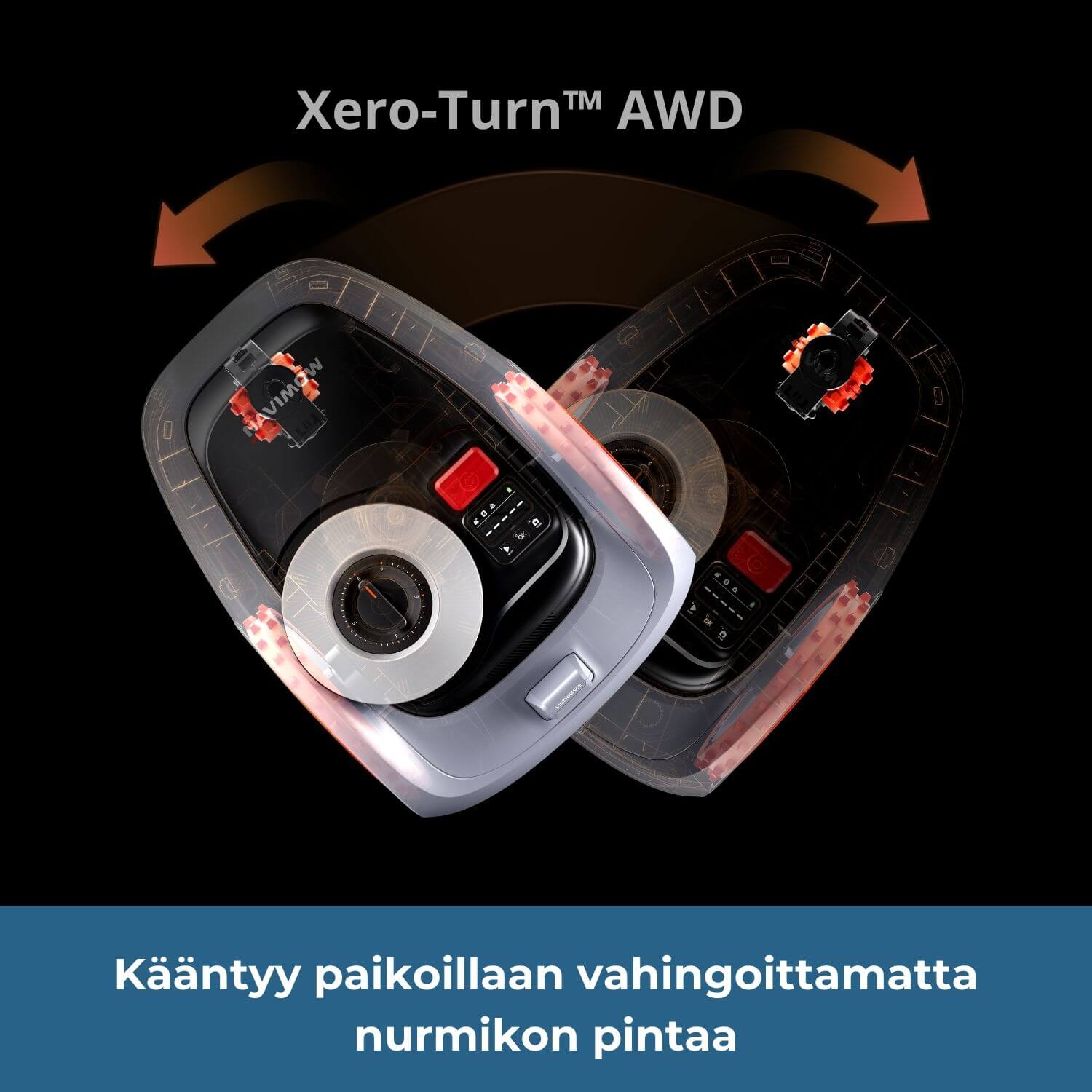 Segway Navimow i2 E AWD rajalangaton robottiruohonleikkuri kääntyy Xero-Turn AWD kolmipyöräisen rengasjärjestelmänsä avulla paikoillaan vahingoittamatta nurmikon pintaa. 