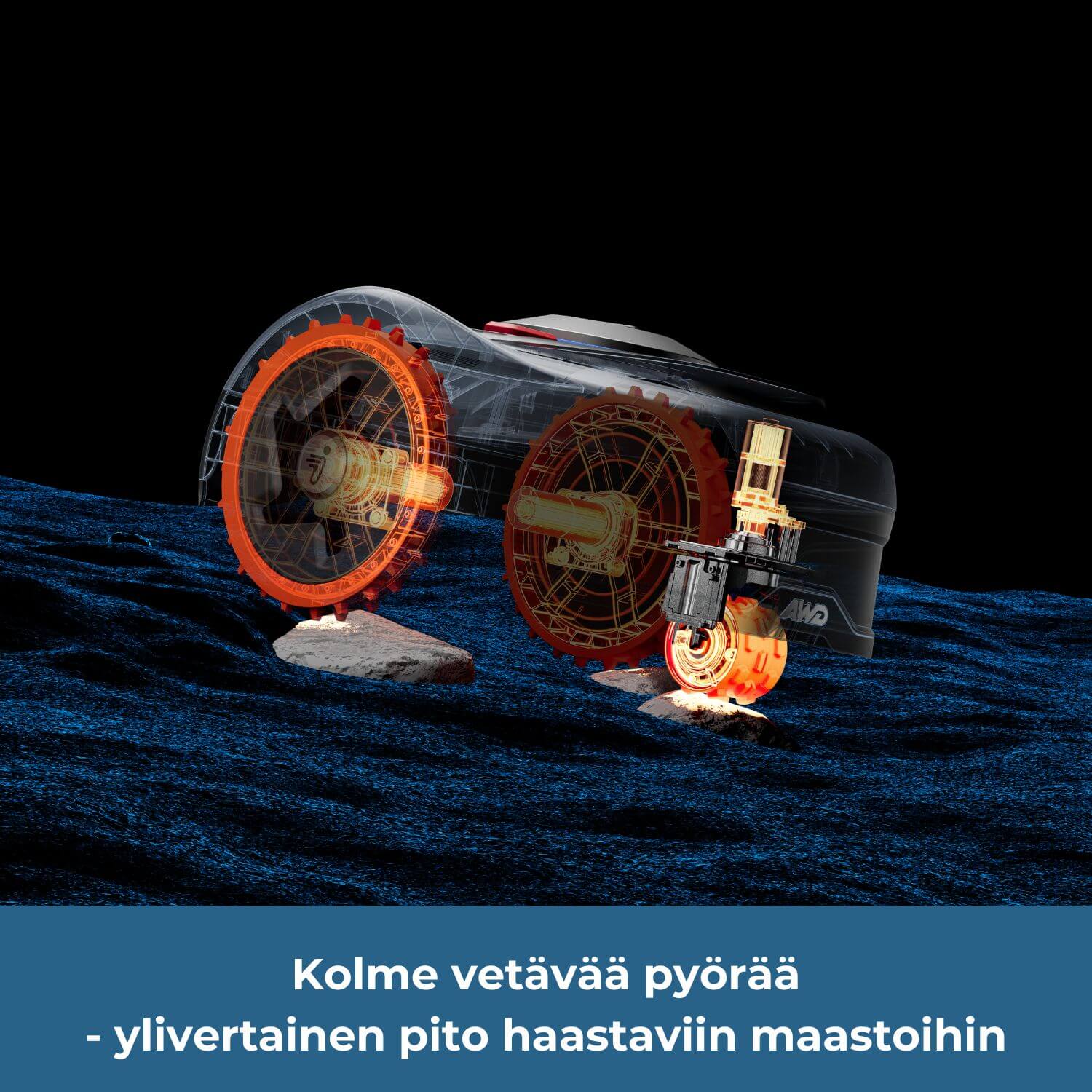 Segway Navimow i2 E AWD rajalangaton robottiruohonleikkurissa on kolme vetävää pitokuvioitua pyörää ja ylivertainen pito haastaviin maastoihin.