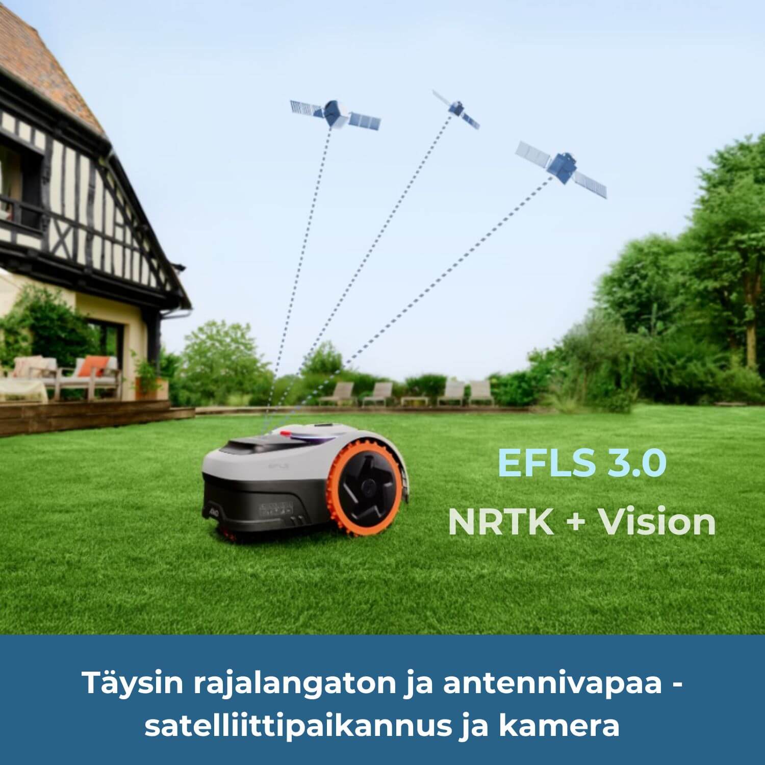Segway Navimow i2 E AWD rajalangaton robottiruohonleikkurissa on satelliittipaikannus ja visuaalinen kamera havainnointi, mikä mahdollistaa täysin rajalangattoman ja antennivapaan käytön.