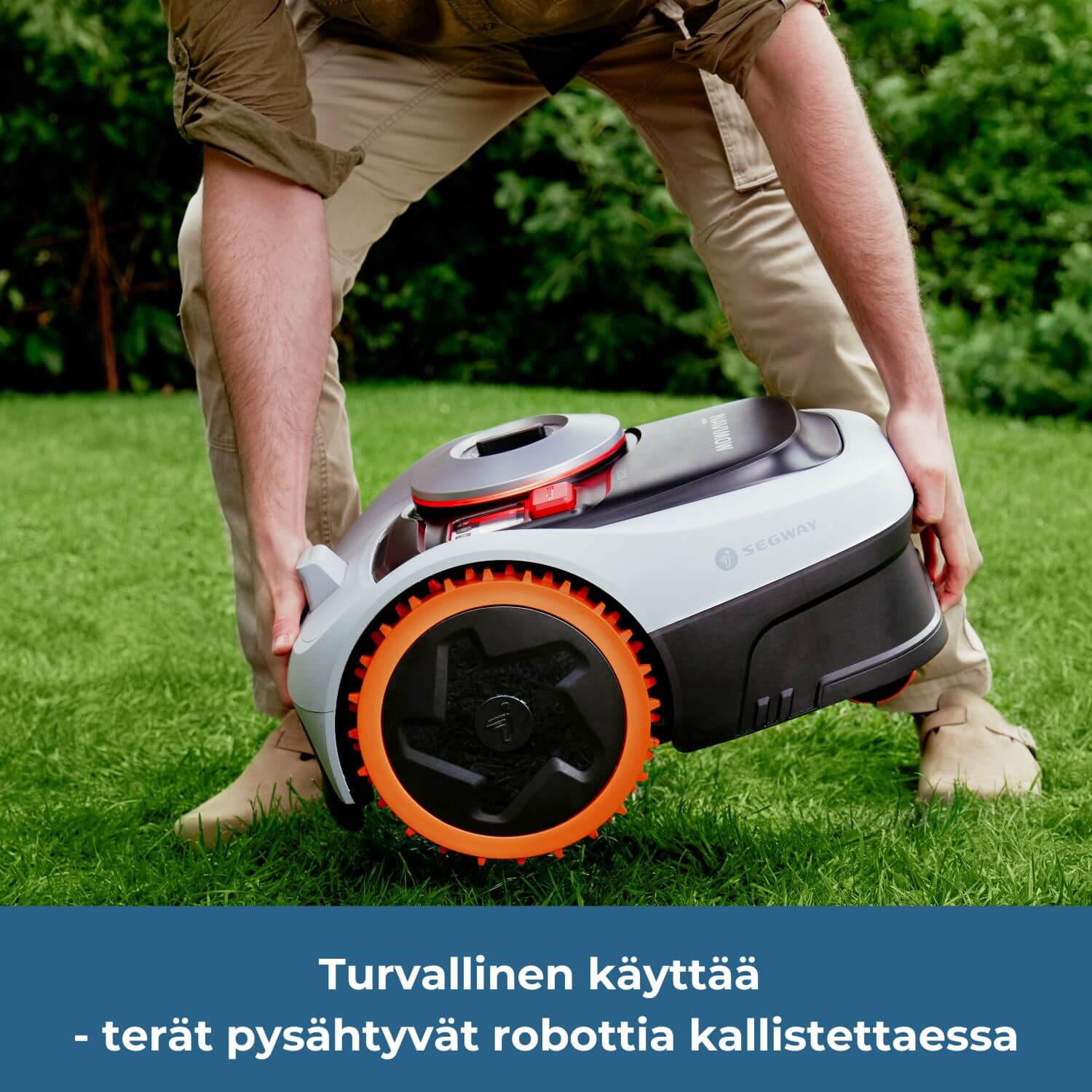 Segway Navimow i2 E AWD rajalangaton robottiruohonleikkuri on turvallinen käyttää sillä terät pysähtyvät automaattisesti robottia kallistettaessa.