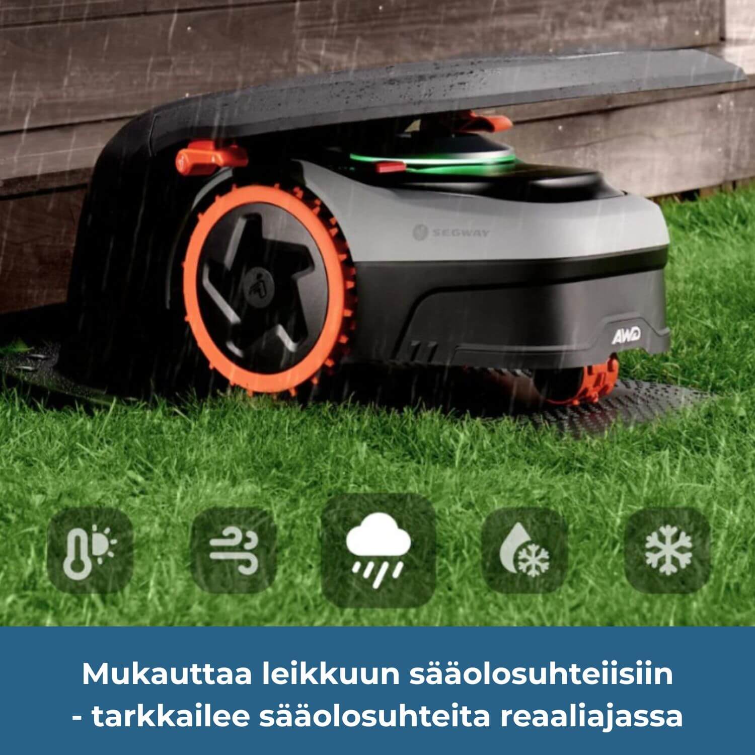 Segway Navimow i2 E AWD rajalangaton robottiruohonleikkuri suojakatoksessaan. Se mukauttaa leikkuun sääolosuhteisiin ja tarkkailee sääolosuhteita reaaliajassa. Se tunnistaa sateen, pakkasen, lumen, kovan tuulen sekä äärimmäisen kuumuuden.