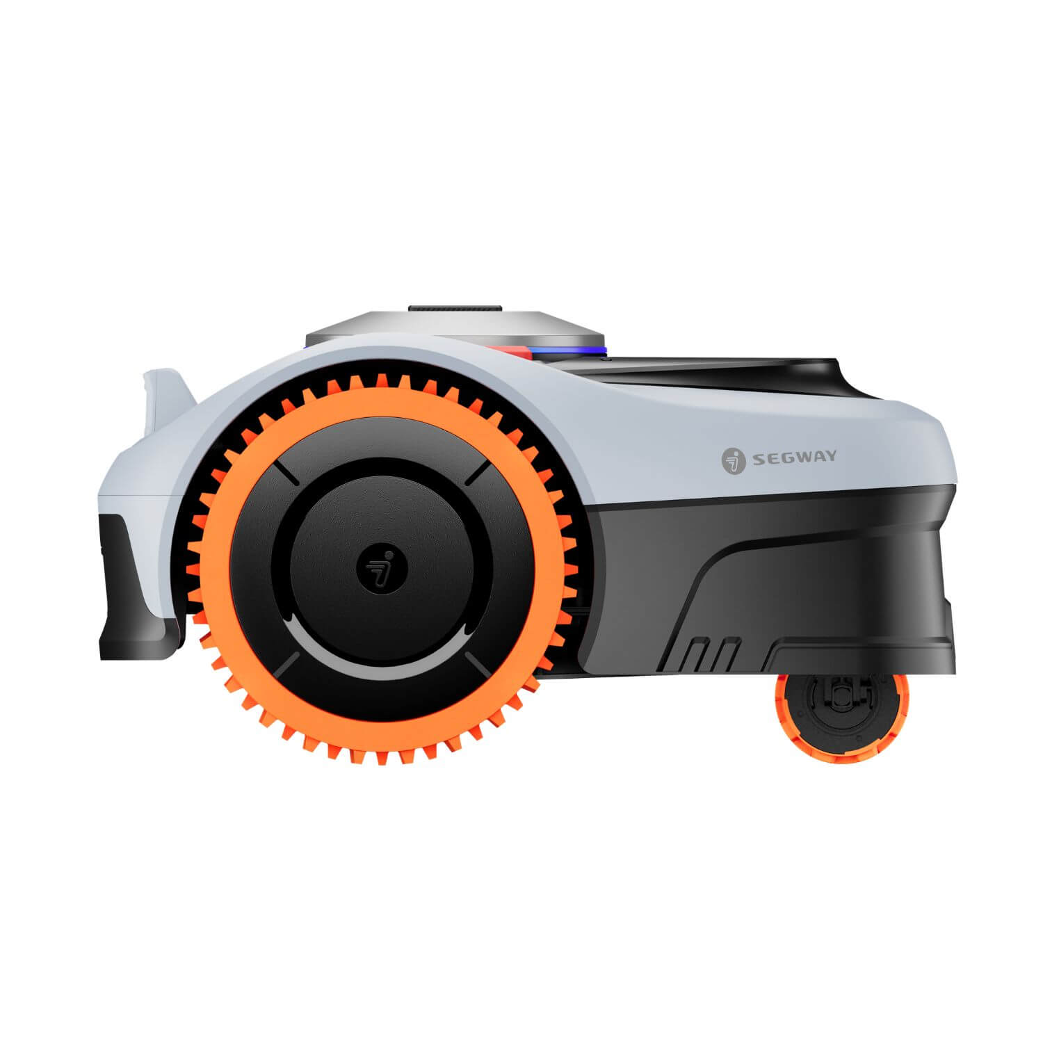 Segway Navimow i2 E AWD rajalangaton robottiruohonleikkuri, värissä harmaa ja musta oranssinvärisillä yksityiskohdilla, suoraan sivusta kuvattuna.