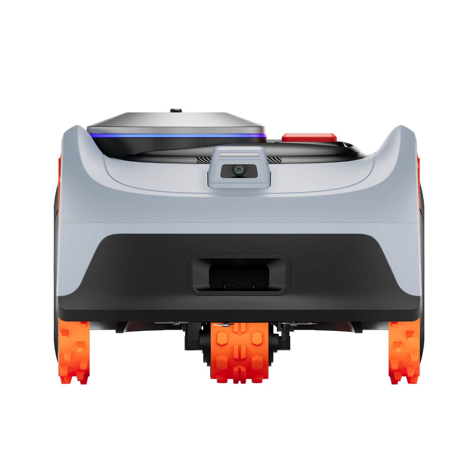 Segway Navimow i2 E AWD rajalangaton robottiruohonleikkuri, värissä harmaa ja musta oranssinvärisillä yksityiskohdilla, suoraan edestä kuvattuna, jossa näkyy robotin kamera.