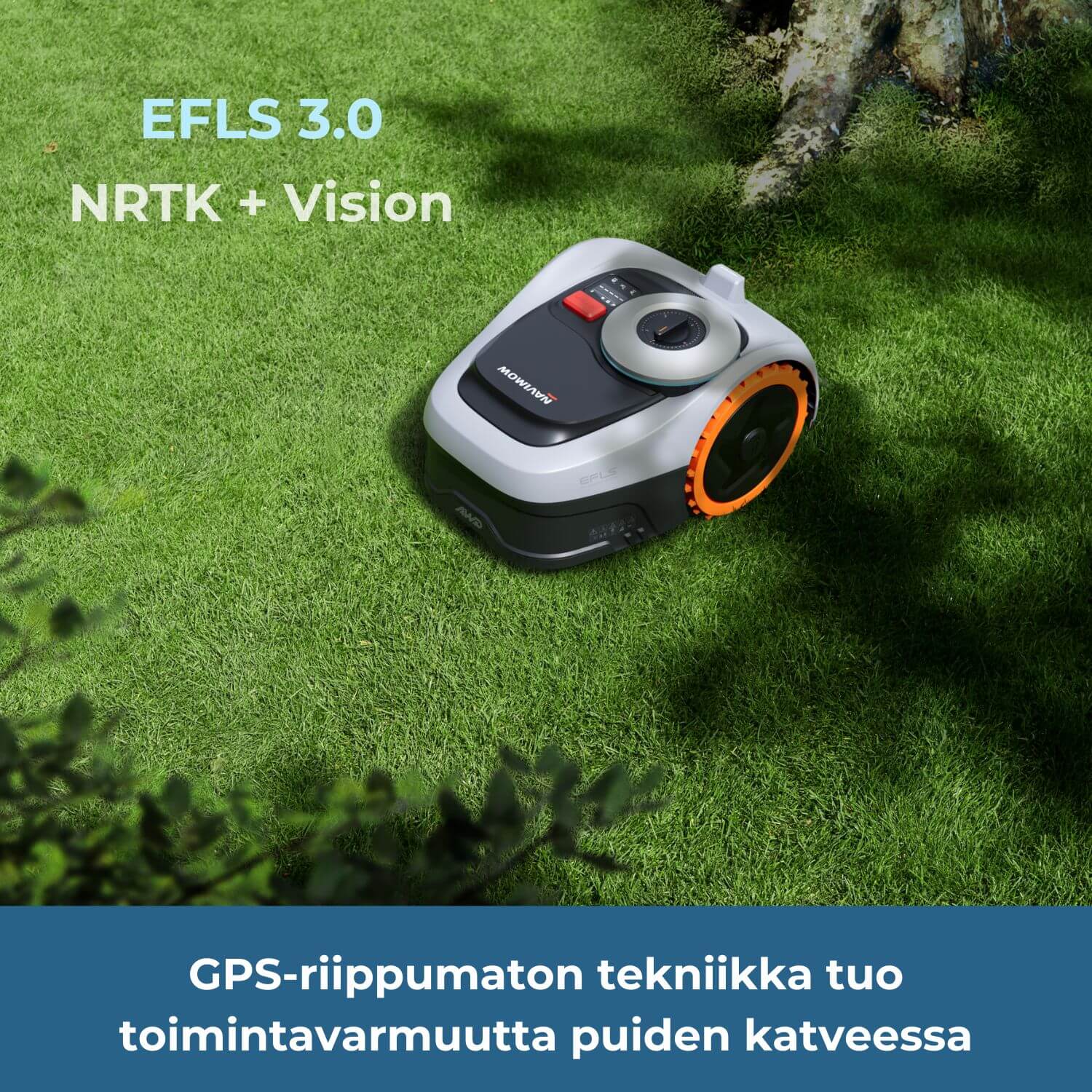 Segway Navimow i2 E AWD rajalangaton robottiruohonleikkurin mobiiliverkkoon pohjautuva Network RTK ja Vision -tekniikka on GPS-riippumaton, mikä tuo toimintavarmuutta katvealueille, kuten puiden alle tai rakennusten vierustoille.