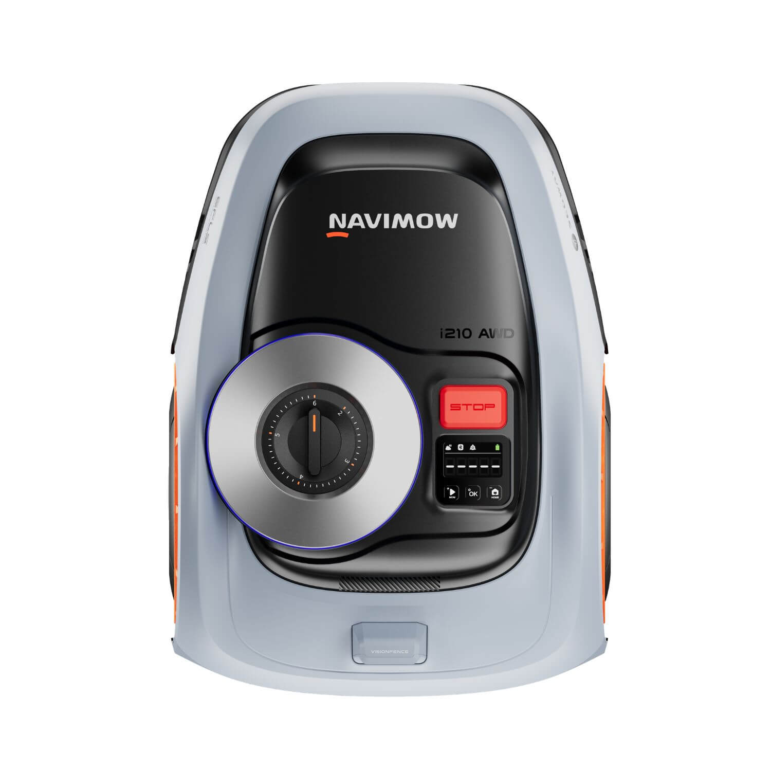 Segway Navimow i2 E AWD rajalangaton robottiruohonleikkuri, värissä harmaa ja musta oranssinvärisillä yksityiskohdilla, suoraan ylhäältä kuvattuna.