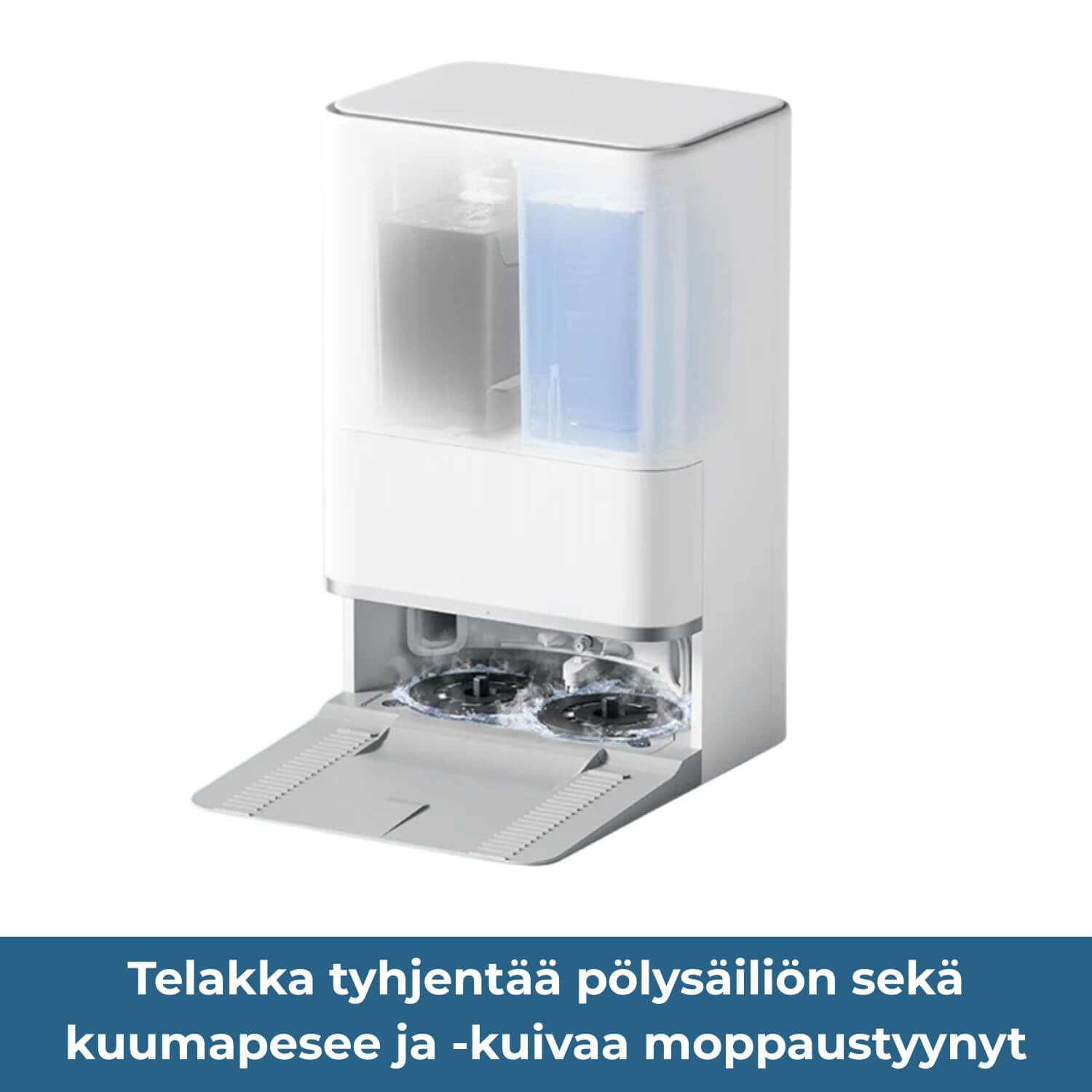 Xiaomi Robot Vacuum 5 - All-in-one puhdistustelakka, tyhjentää pölysäiliön ja kuumapesee moppaustyynyt.