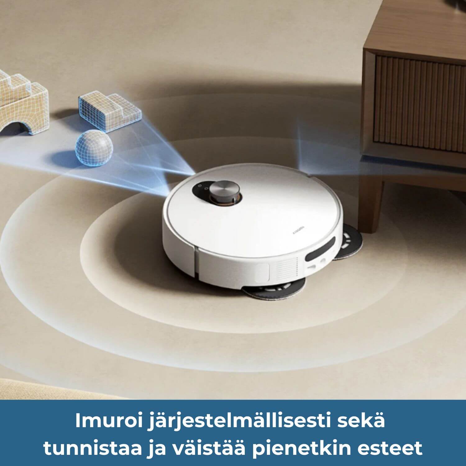 Xiaomi Robot Vacuum 5 imuroi järjestelmällisesti ja tunnistaa esteet tehokkaasti.