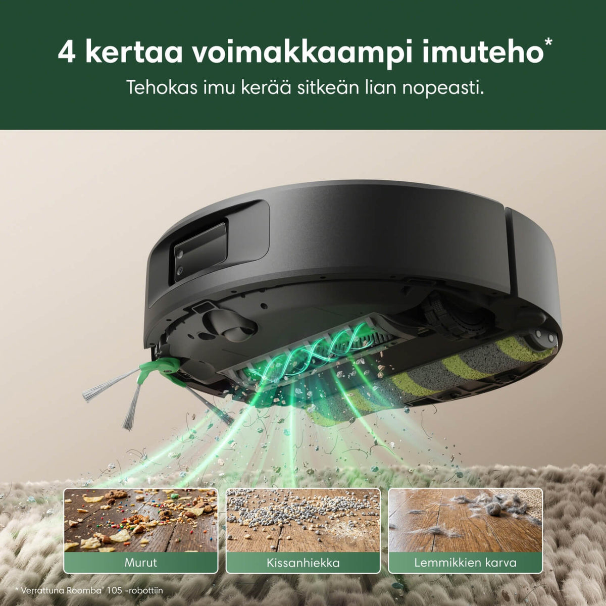 iRobot Roomba 615+ Combo robotti-imurissa on erinomainen imuteho, 30 000 Pascalia, mikä takaa perusteellisen imuroinnin kaikille roskille: muruille, kissanhiekalle ja lemmikinkarvoille. Imuteho on 4 kertaa voimakkaampi Roomba 105-robottiin verrattuna.