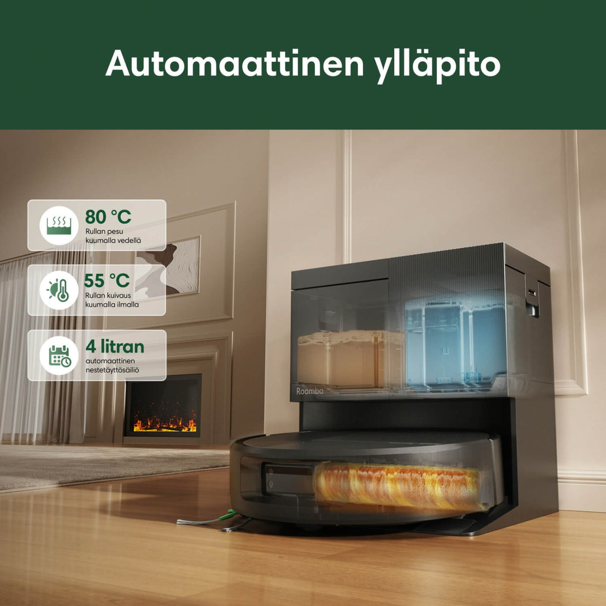 iRobot Roomba 615+ Combo robotti-imurissa on automaattinen AutoWash-puhdistustelakka, joka tyhjentää pölysäiliön sekä kuumapesee 80 °C ja-kuivaa 55 °C moppaustyynyt ja siinä on 4 litran automaattinen vesisäiliö