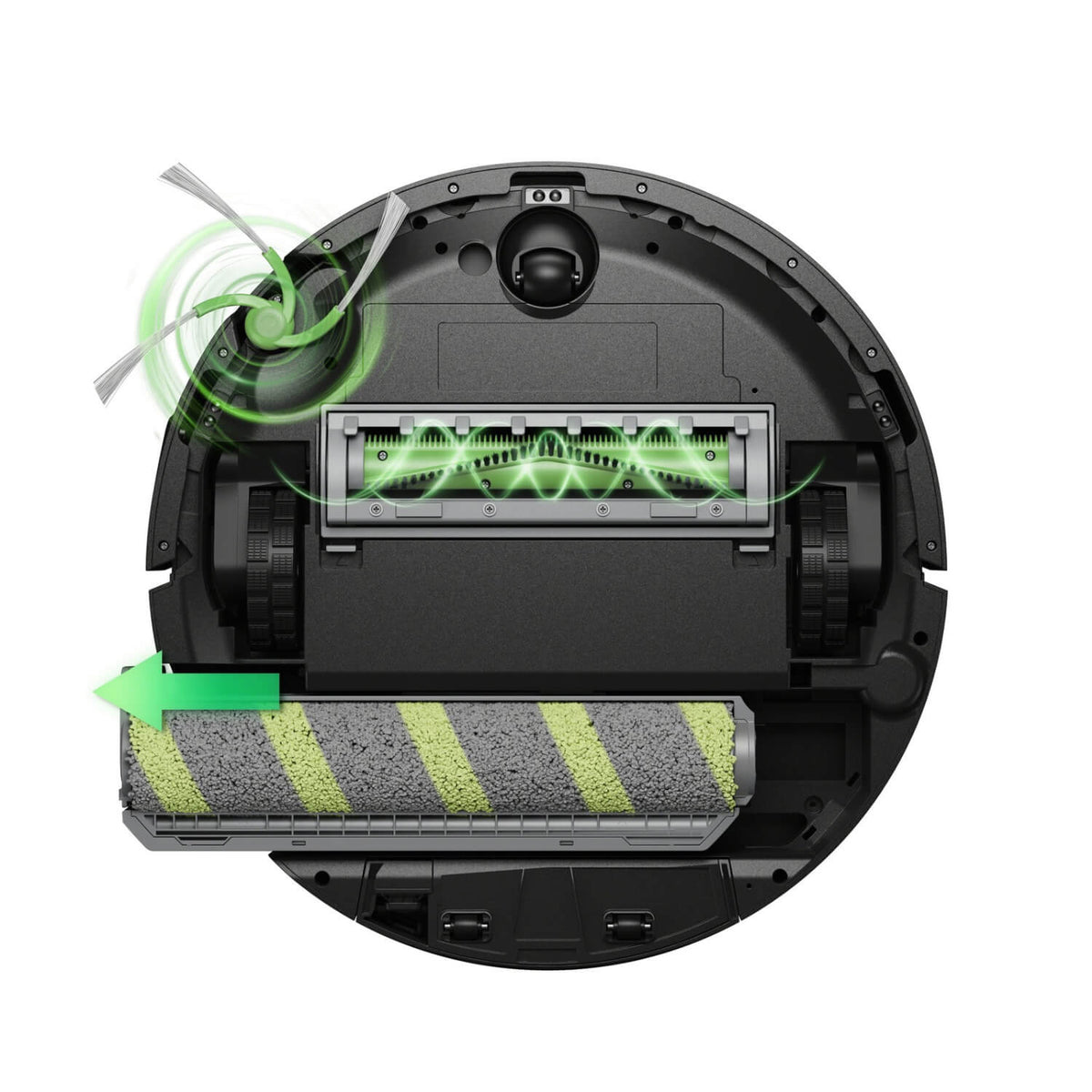 iRobot Roomba 615+ Combo robotti-imuri, musta, tuotekuva, pelkkä robotti pohjasta, jossa PowerSpin-rullamoppi