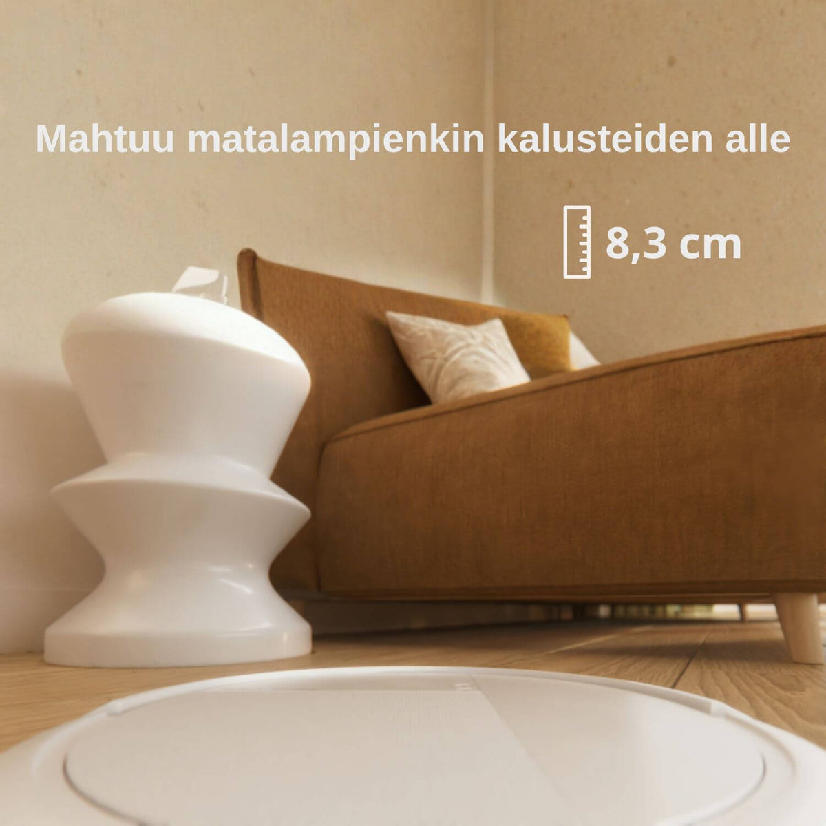 iRobot Roomba Combo 575+ robotti-imuri mahtuu matalampienkin kalusteiden alle, sillä robotin korkeus on vain 8,3cm.
