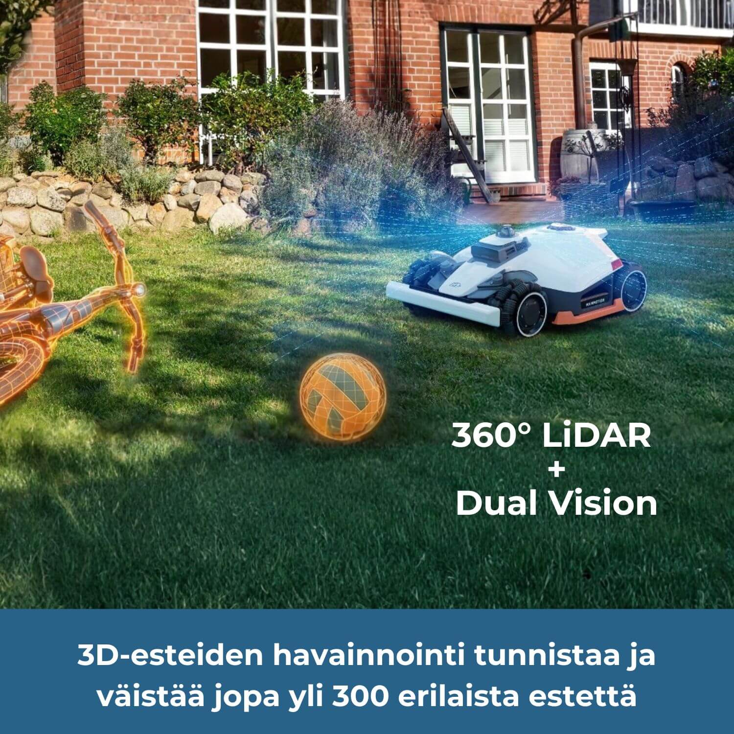 mammotion-luba-3-3000x-awd-lidar-robottiruohonleikkurin 3D-360 asteel LiDAR ja Dual Vision -kaksoiskameroita hyödyntävä esteidentunnistus havaitsee ja väistää jopa yli 300 erilaista estettä. Kuvassa robotti tunnistaa polkupyörän ja jalkapallon pihamaalla.