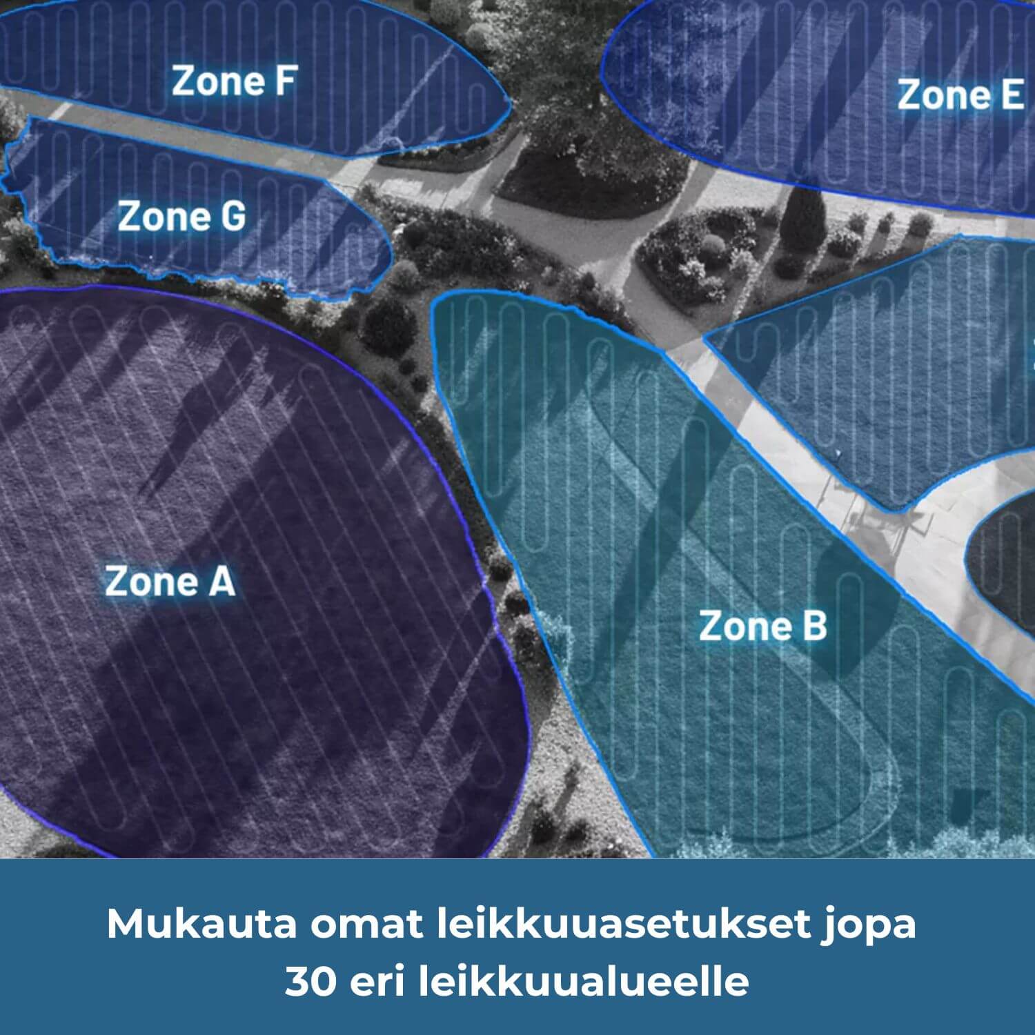 mammotion-luba-3-3000x-awd-lidar-robottiruohonleikkurille voi määrittää jopa 30 eri leikkuualuetta, joille voi mukauttaa omat leikkuuasetuksensa.