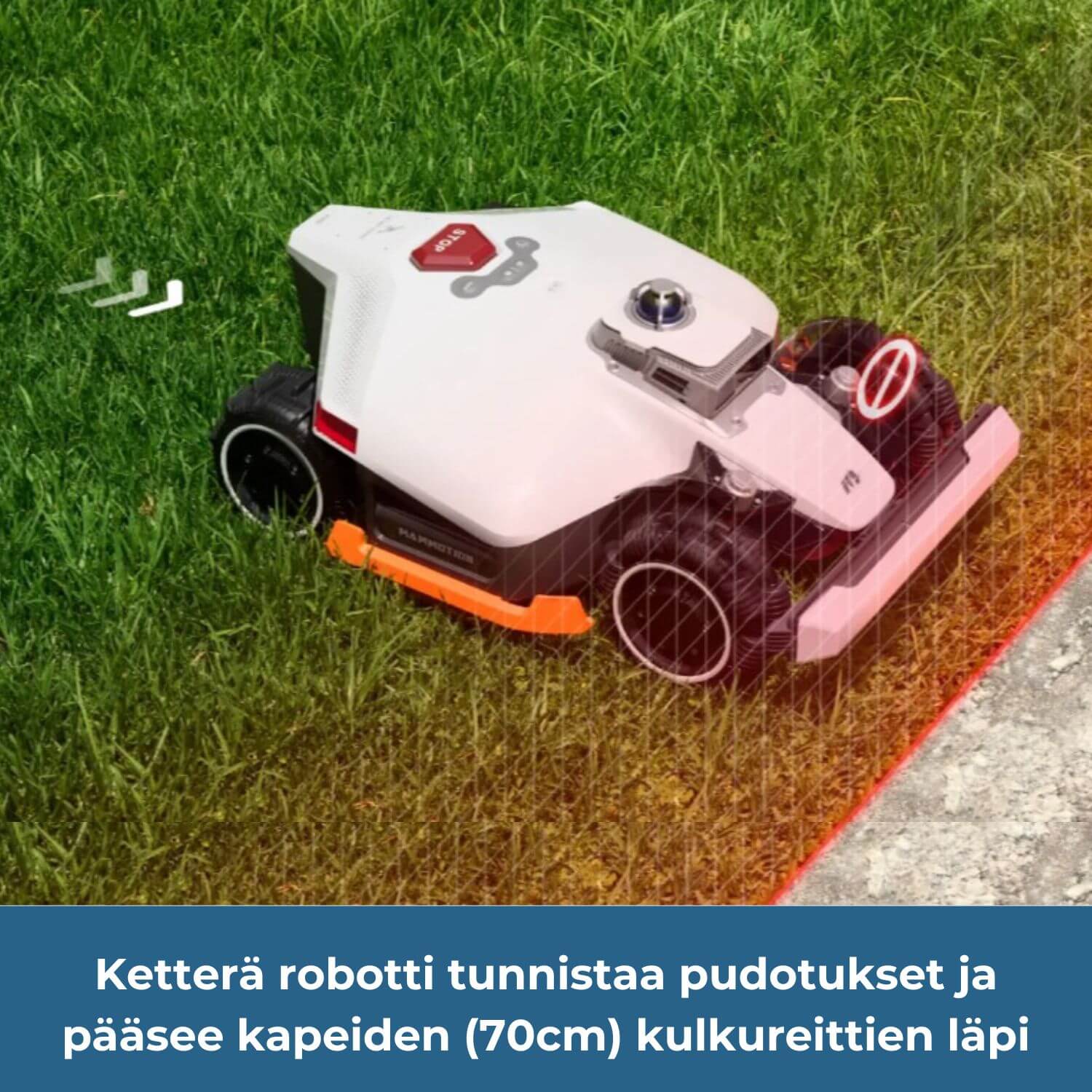 Ketterä robotti tunnistaa pudotukset ja mahtuu kulkemaan kapeampienkin polkujen ja kulkureittien läpi (min. 70 cm).