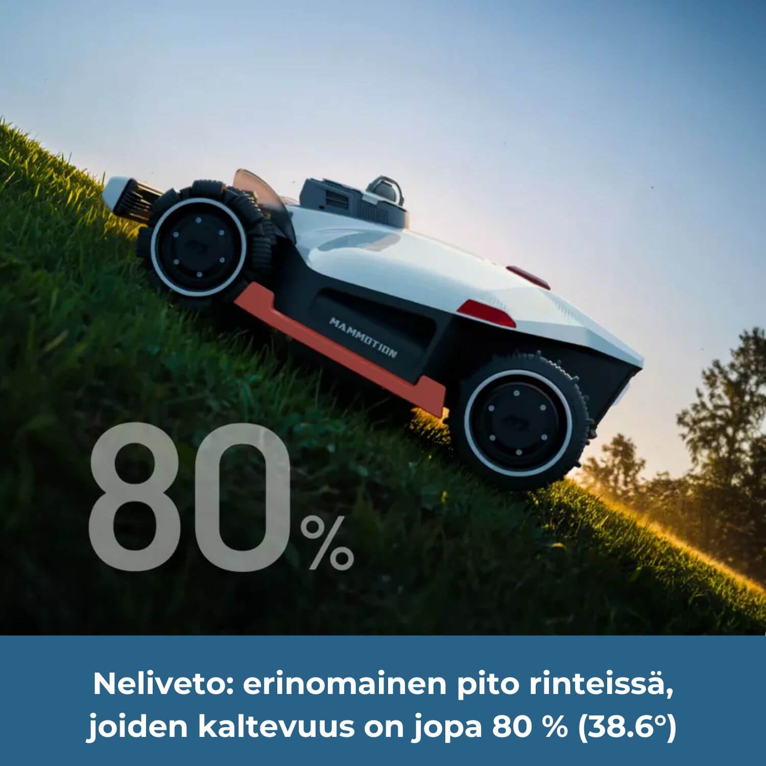 mammotion-luba-3-3000x-awd-lidar-robottiruohonleikkurissa on neliveto ja erinomainen kiipeilykyky ja pito rinteissä, joiden kaltevuus on jopa 80% (38,6 astetta).