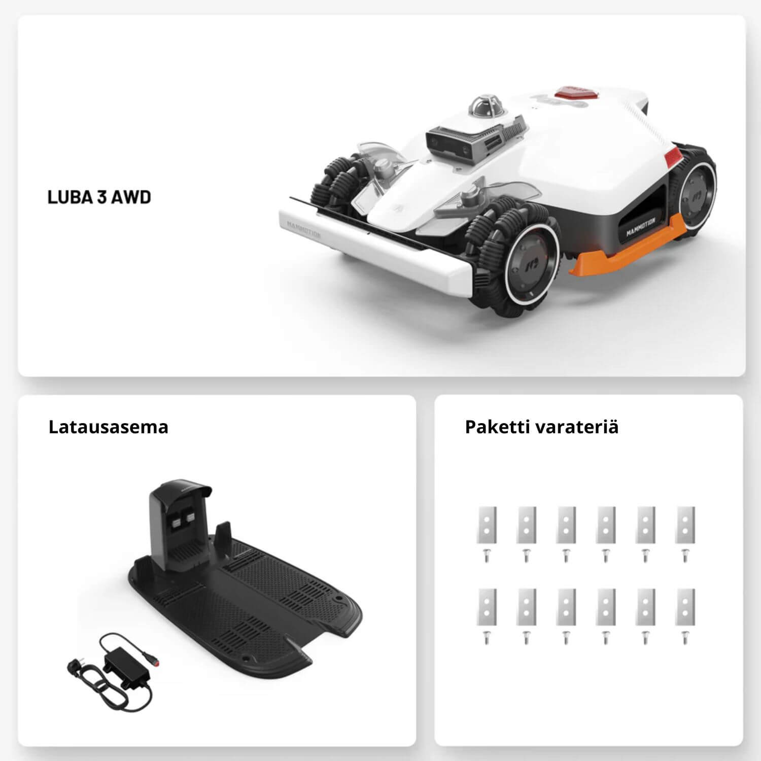 mammotion-luba-3-3000x-awd-lidar-robottiruohonleikkuri pakkauksen sisältö_ robottiruohonleikkuri, latausasema ja virtajohto 1 paketti varateriä
