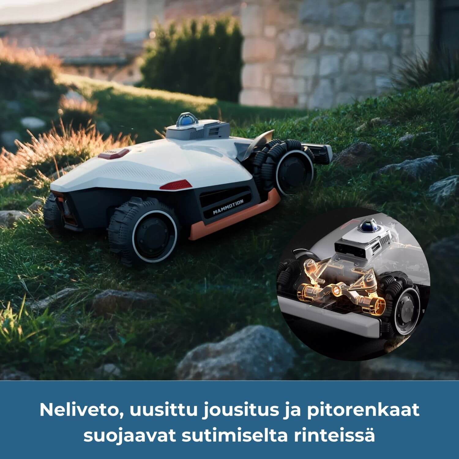 mammotion-luba-3-3000x-awd-lidar-robottiruohonleikkurissa on neliveto (awd), päivitetty jousitus ja pitokuvioidut renkaat, jotka ehkäisevät sutimista rinteessä. 