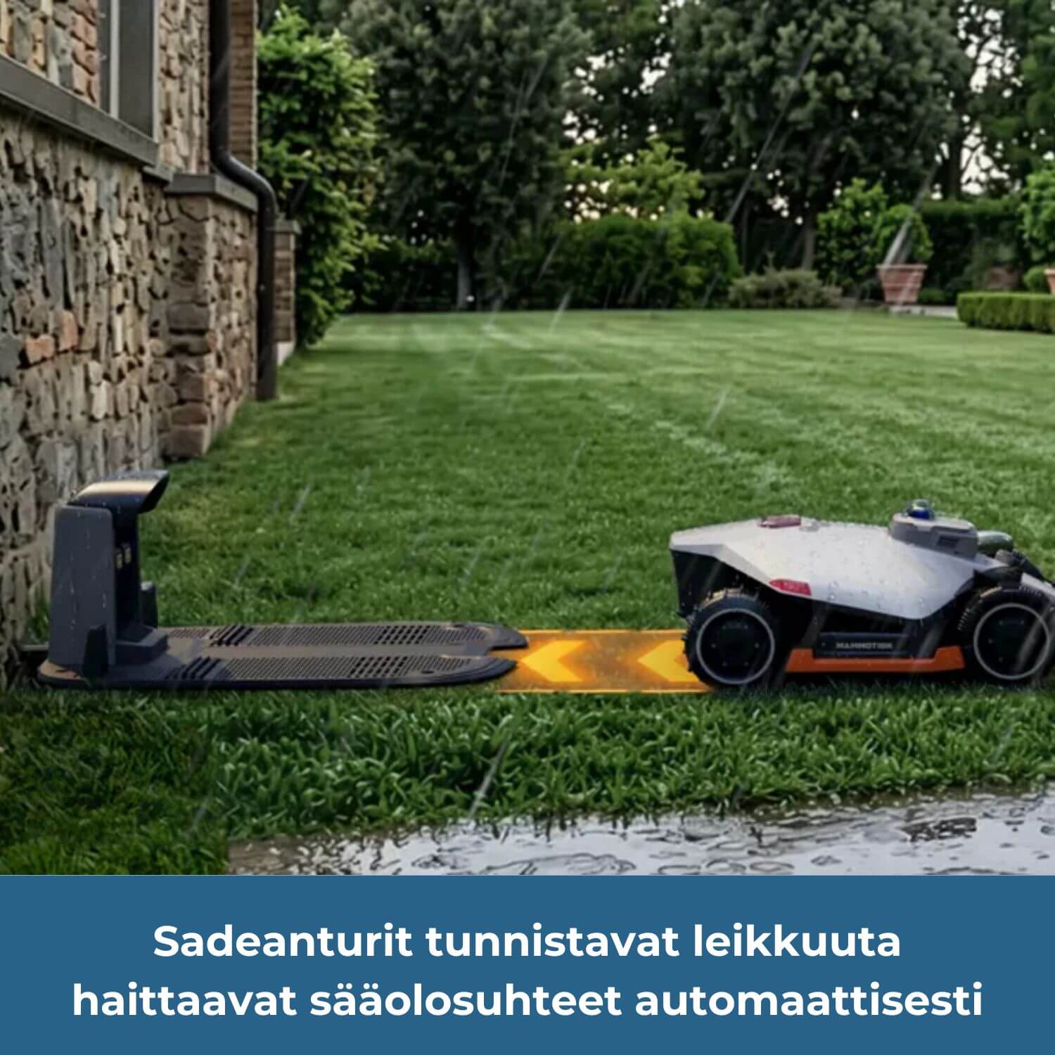 mammotion-luba-3-3000x-awd-lidar-robottiruohonleikkurissa on sadeanturit, jotka tunnistavat leikkuuta haittaavat sääolosuhteet automaattisesti. Robotti palaa latausasemaansa automaattisesti sateen ajaksi.