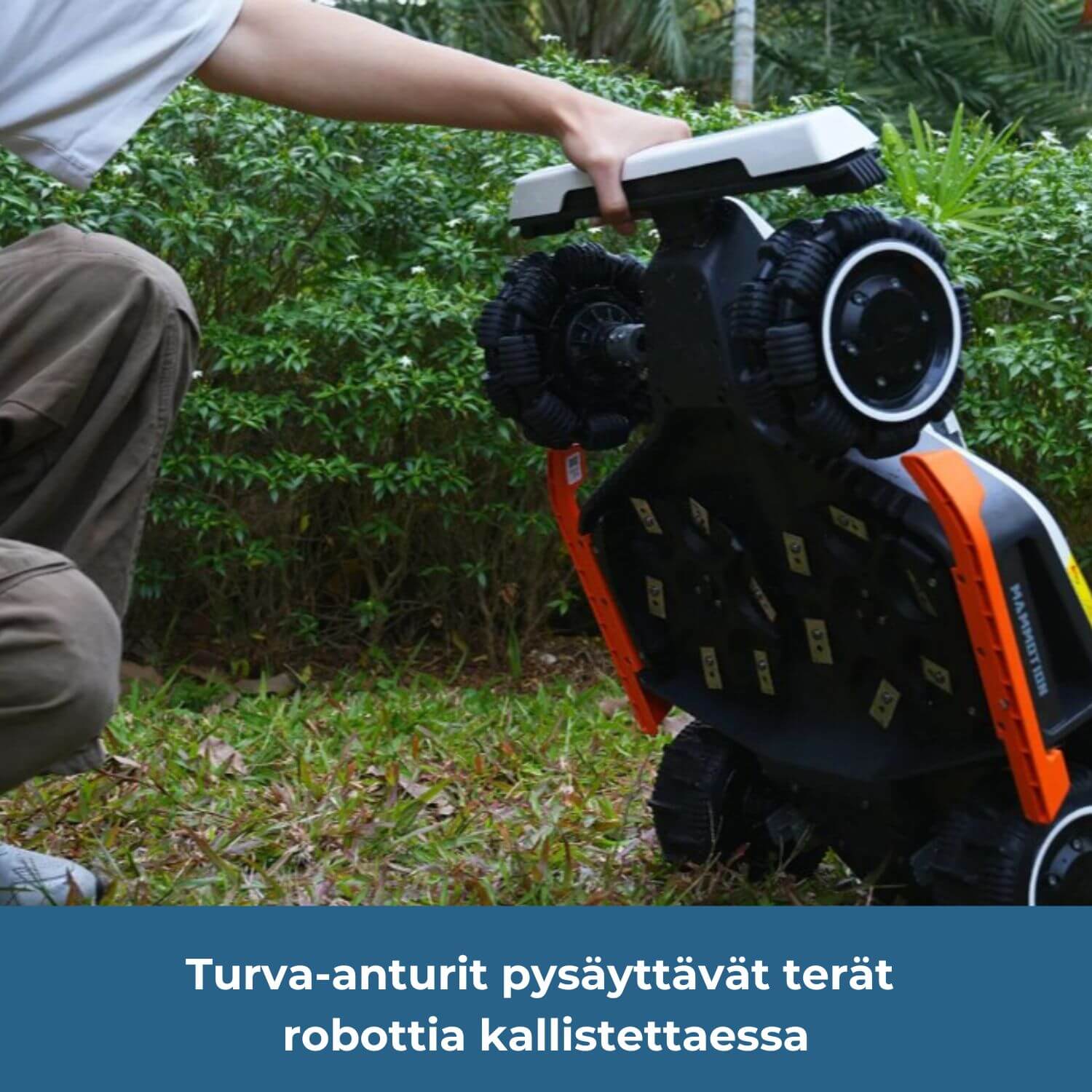 mammotion-luba-3-3000x-awd-lidar-robottiruohonleikkurissa on turva-anturit, jotka pysäyttävät terälevyt robottia kallistettaessa.