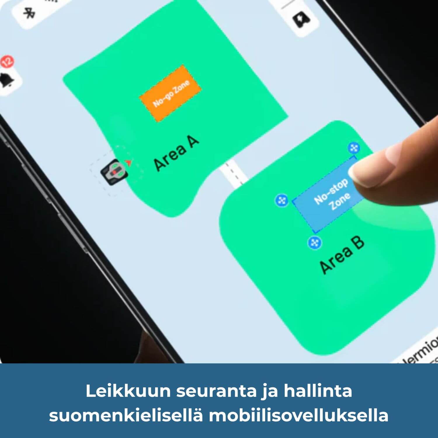 mammotion-luba-3-3000x-awd-lidar-rtk-robottiruohonleikkurin leikkuun seuranta ja hallinta tapahtuu suomenkielisellä mobiilisovelluksella, jossa voi esim. jakaa pihan nurmilueen erillisiksi leikkuualueiksi tai asettaa kieltoalueita (no-go-zones).