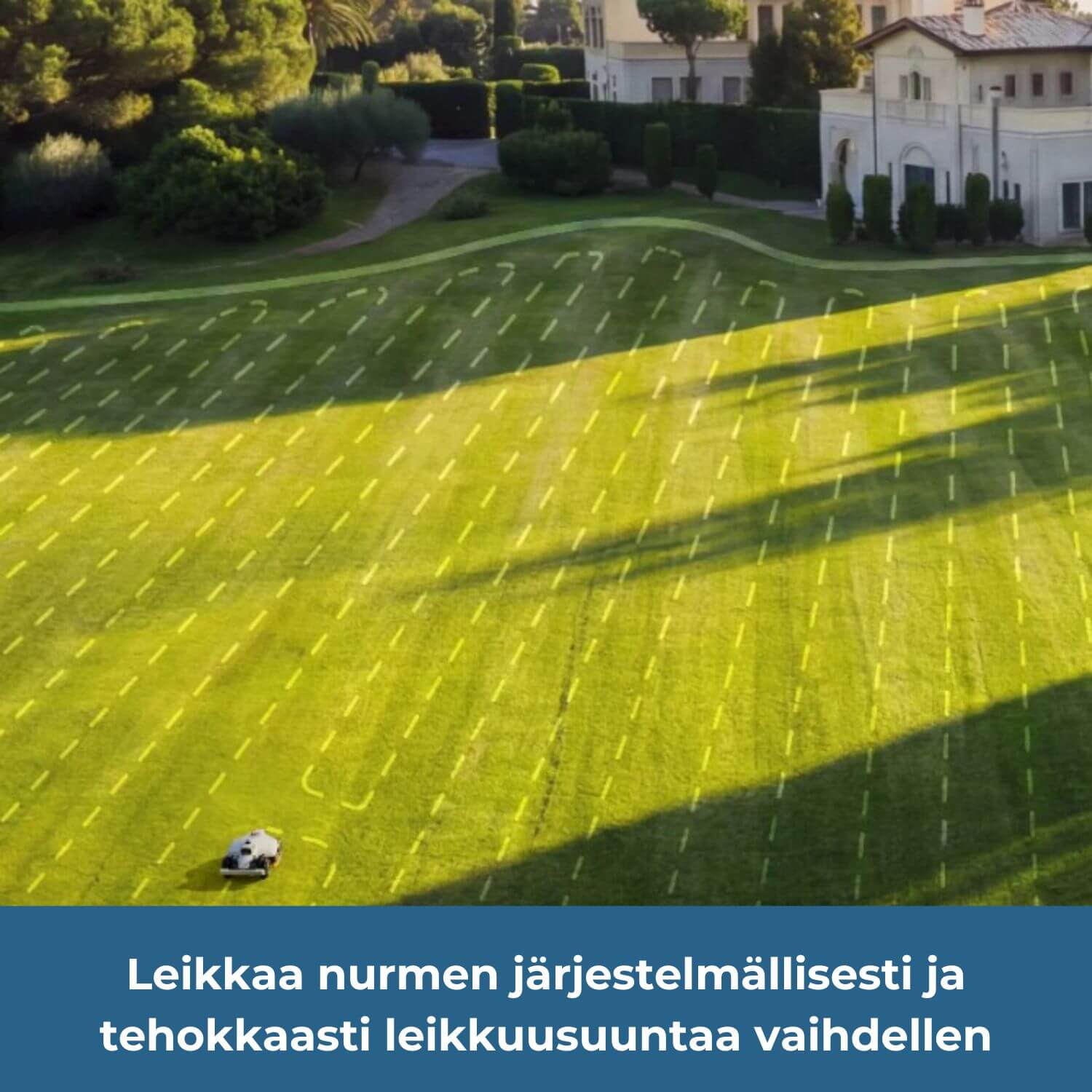 mammotion-luba-3-3000x-awd-lidar-rtk-robottiruohonleikkuri leikkaa nurmen järjestelmällisesti ja tehokkaasti leikkuusuuntaa vaihdellen.