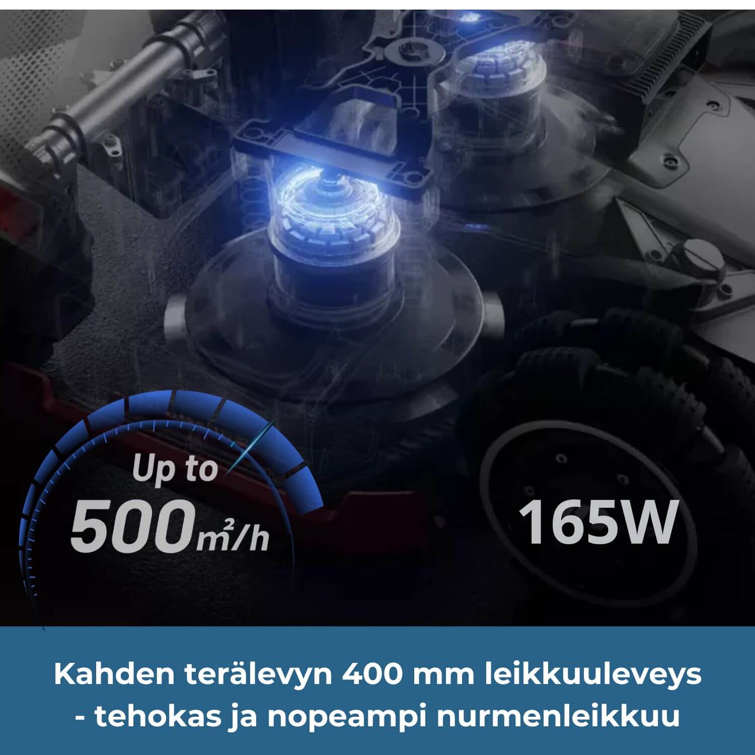 mammotion-luba-3-3000x-awd-lidar-rtk-robottiruohonleikkurin kaksi terälevyä kattavat 400mm leikkuuleveyden, jonka vuoksi nurmenleikkuu käy tehokkaasti ja nopeasti. Tehokkaan 165W koneiston avulla robotti leikkaa jopa 500 neliömetriä tunnissa.