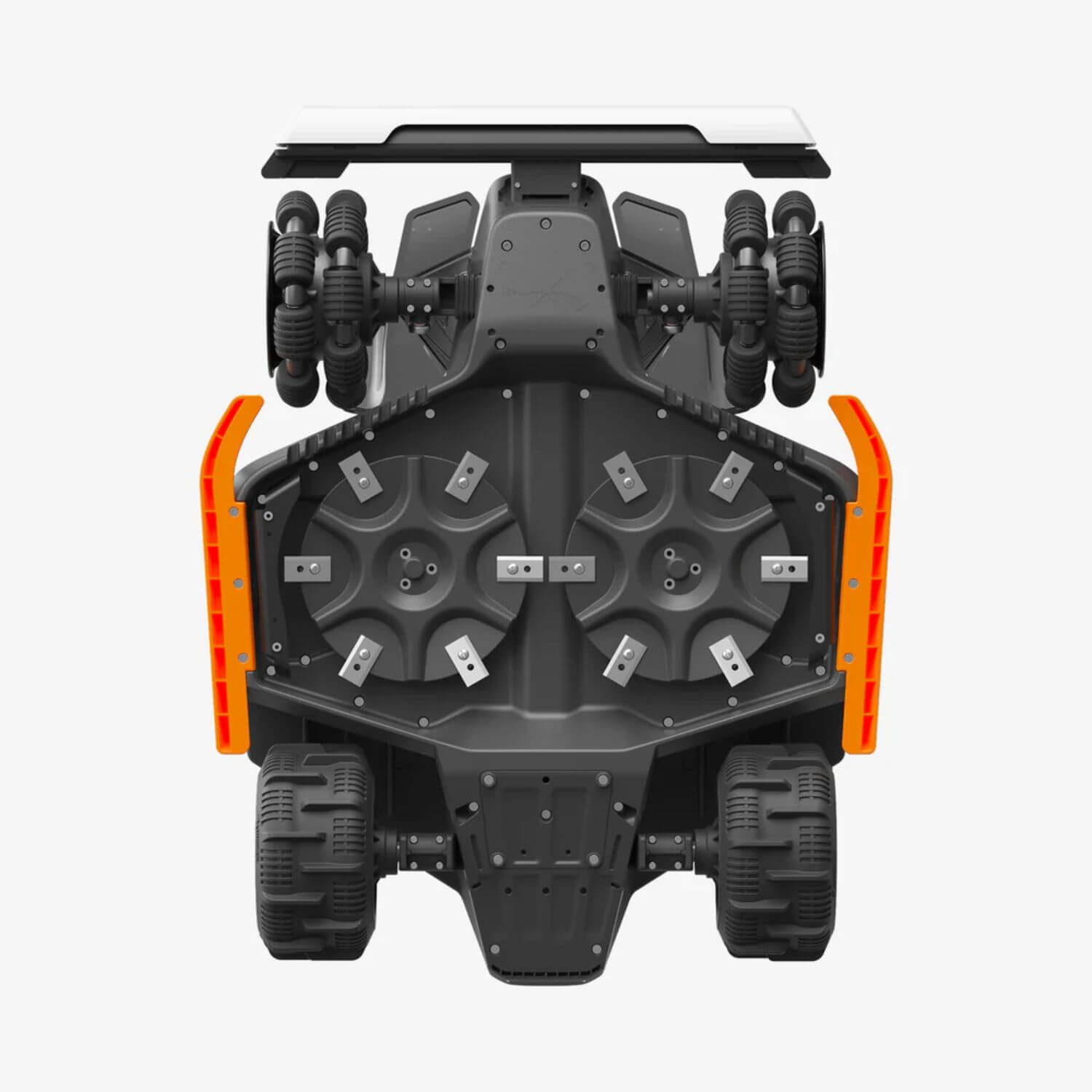 mammotion-luba-3-3000x-awd-lidar-rtk-robottiruohonleikkuri, valkoinen/musta/oranssi, kuva robotin alapuolelta pohjasta, jossa näkyy kaksi terälevyä.
