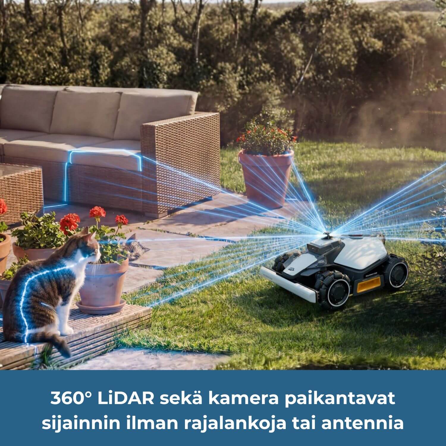 mammotion luba mini 2 awd lidar robottiruohonleikkurin 360 asteen LiDAR ja kamera paikantavat sijainnin tarkasti ilman rajalankoja tai antennia.