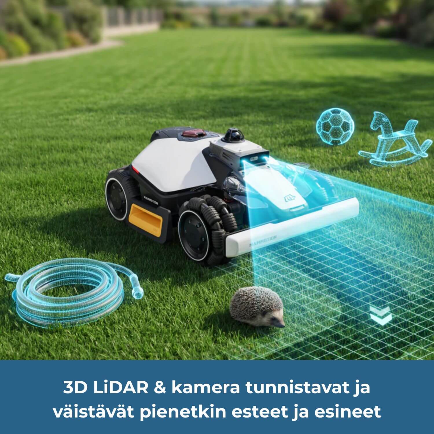 mammotion luba mini 2 awd lidar robottiruohonleikkurin 3D LiDAR ja kamera tunnistavat ja väistävät pienetkin estee ja esineet, kuten nurmikolla olevan puutahaletkun, lasten lelut ja eläimet.