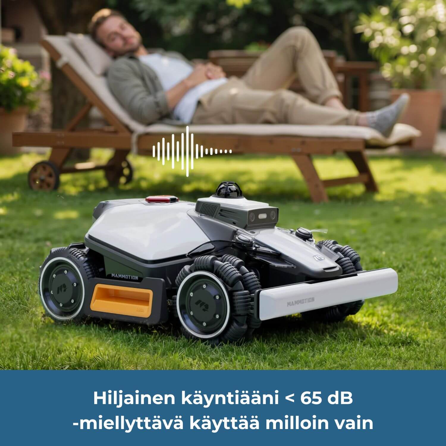 mammotion luba mini 2 awd lidar robottiruohonleikkuria on miellyttävä käyttää milloin vain, sillä sen käyniääni on hiljainen (äänitaso vain <65dB).