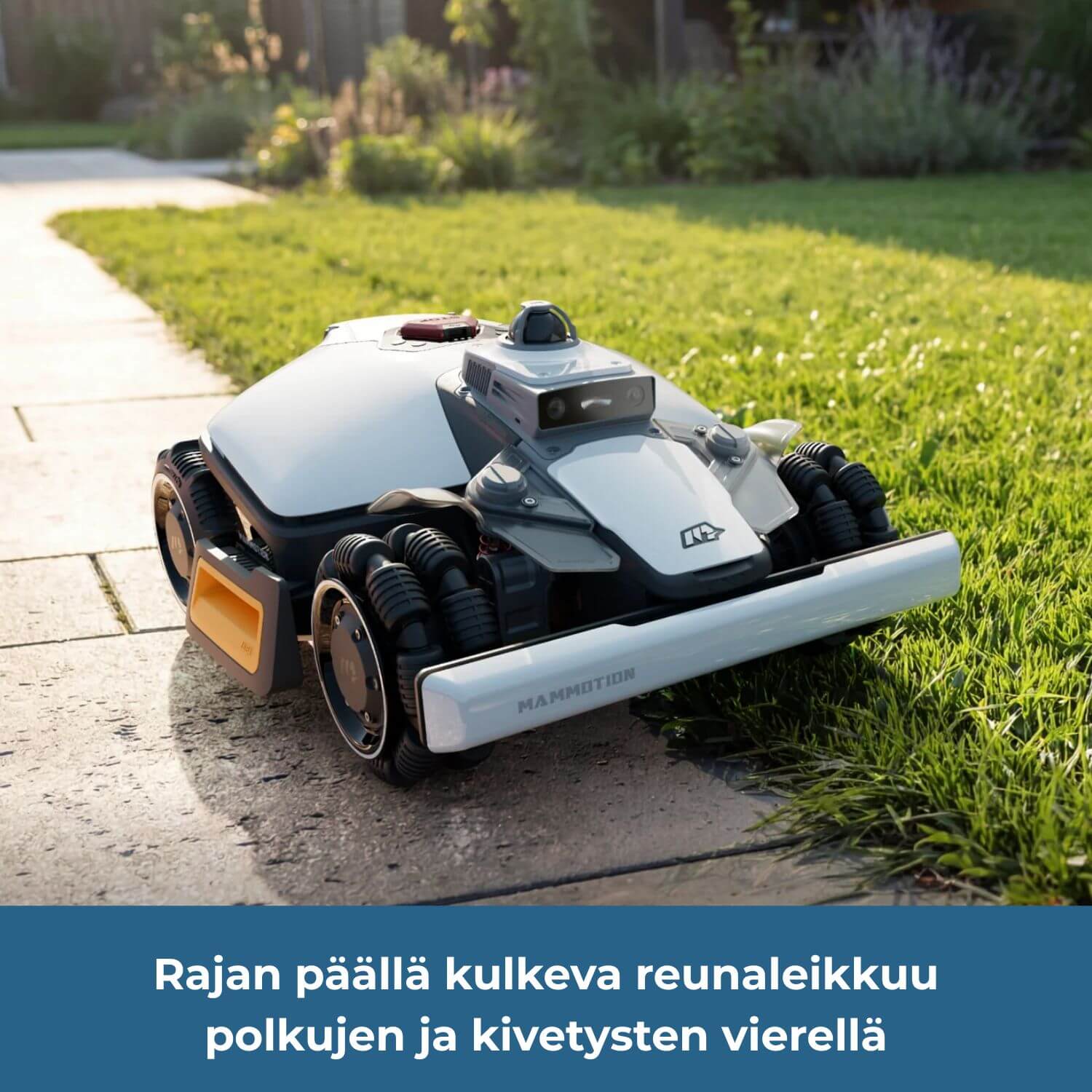 mammotion luba mini 2 awd lidar robottiruohonleikkuri pääsee leikkaamaan polkujen ja kivetysten vierellä rajan päällä.