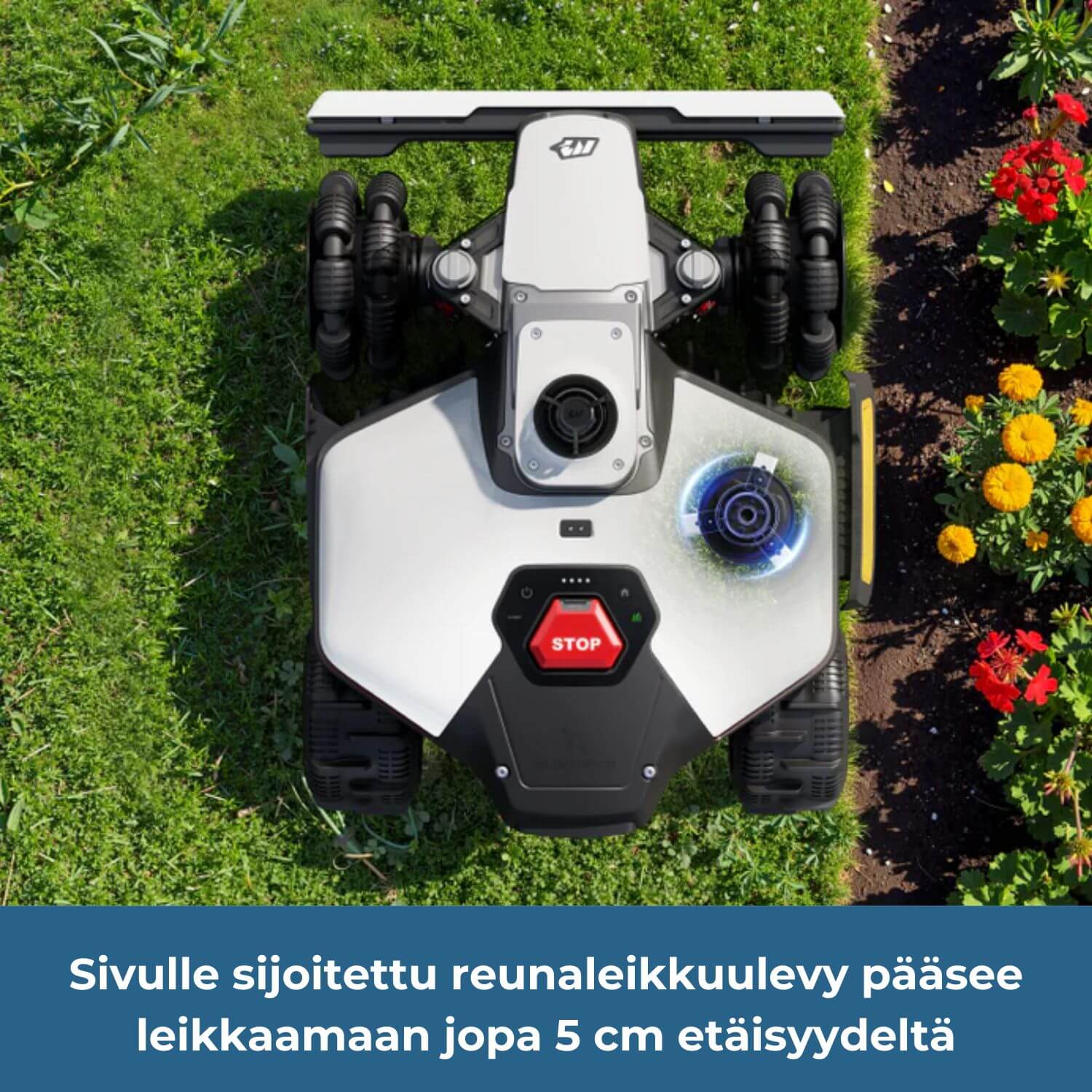 mammotion luba mini 2 awd lidar robottiruohonleikkurin sivulle sijoitettu reunaleikkuulevy pääsee leikkaamaan jopa 5 cm etäisyydeltä reunasta.