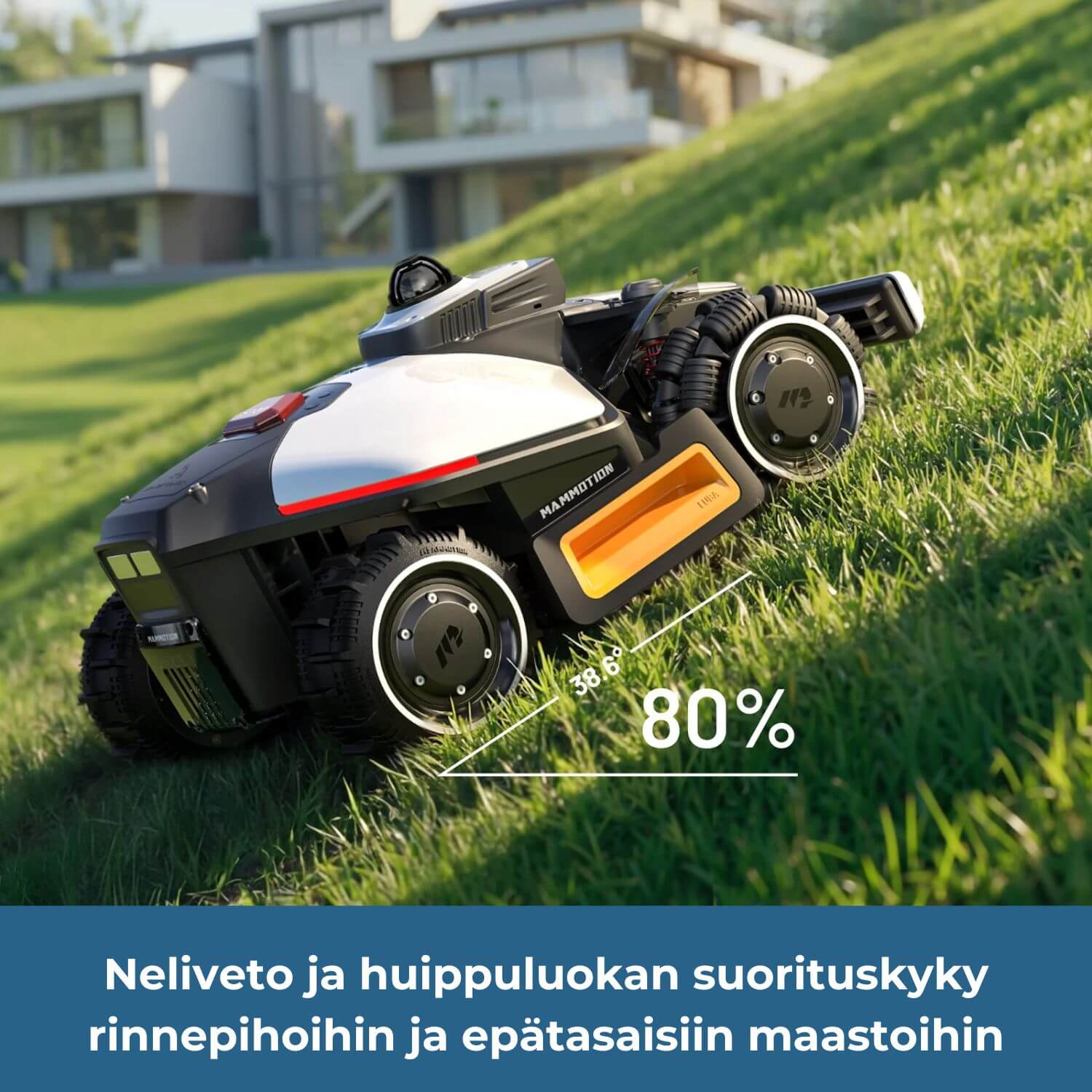 mammotion luba mini 2 awd lidar robottiruohonleikkuri pystyy nousemaan jopa 80% (38,6 asteen) kaltevuuksisia rinteitä nelivedon ansiosta - huippuluokan suorituskyky rinnepihoihin ja epätasaisiin maastoihin.