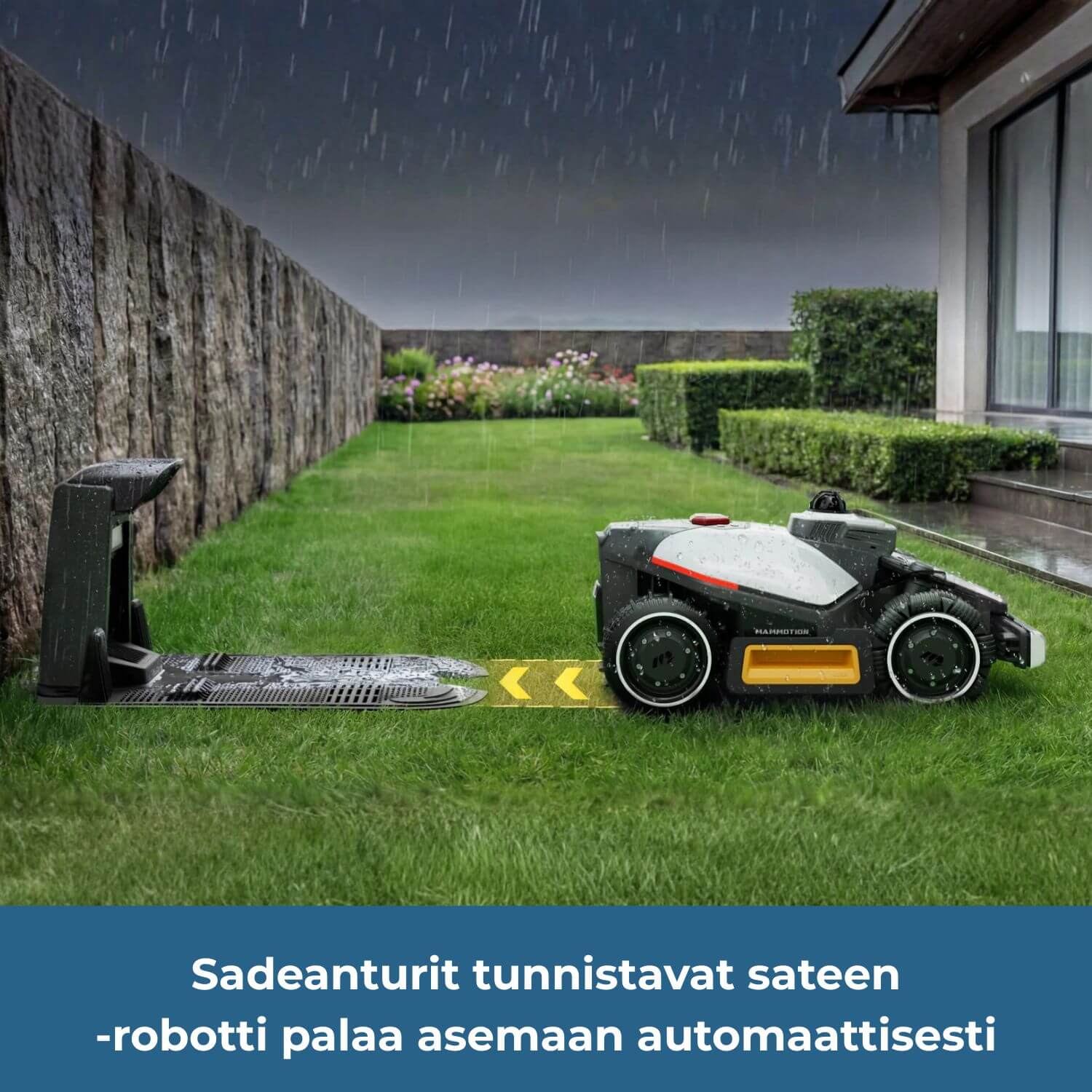 mammotion luba mini 2 awd lidar robottiruohonleikkurin sadeanturit tunnistavat sateen ja robotti palaa asemaansa automaattisesti sateen ajaksi.