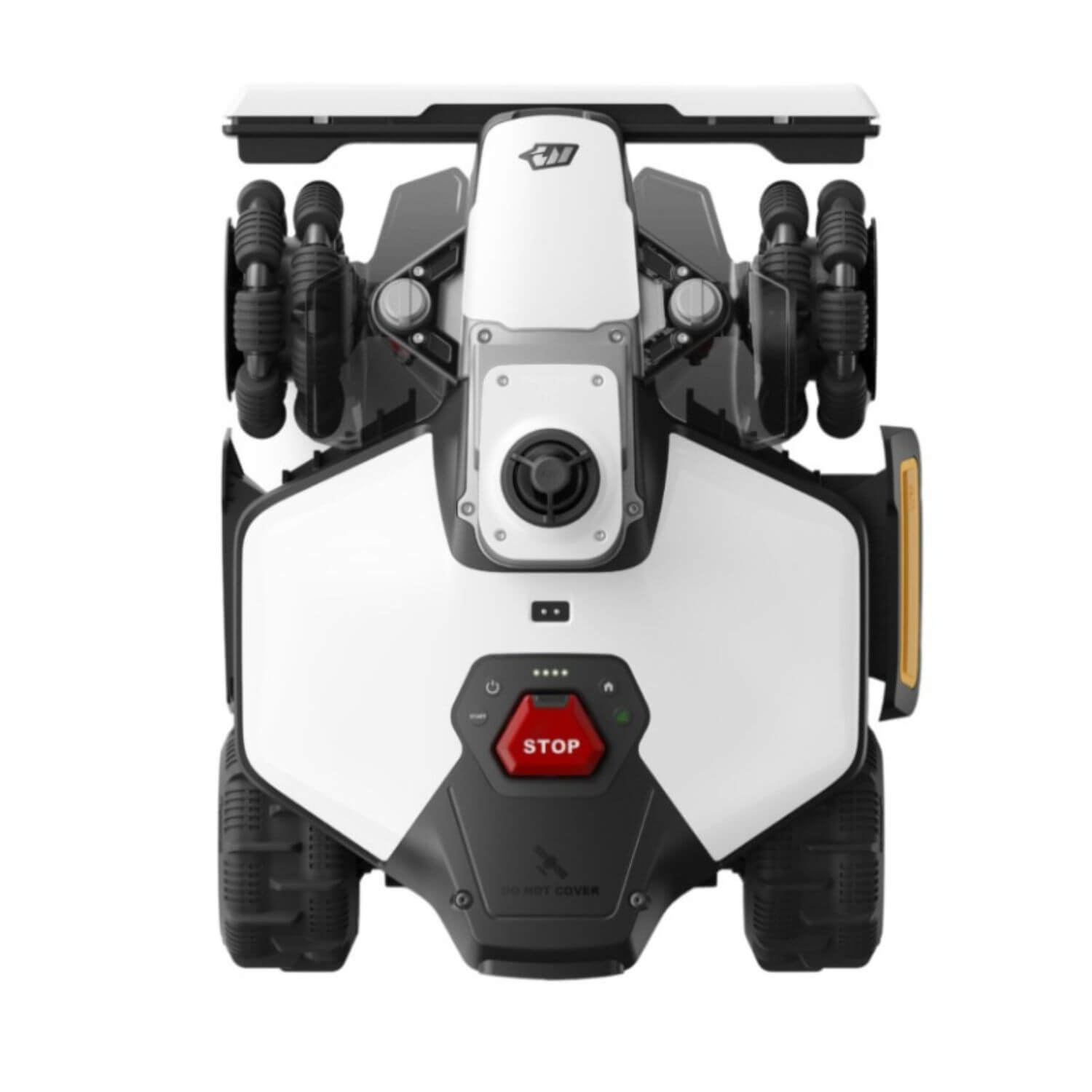mammotion-luba-mini-2-1500-awd-lidar-robottiruohonleikkuri tuotekuva, valkoinen/musta/keltainen, robotin kansi päältä.