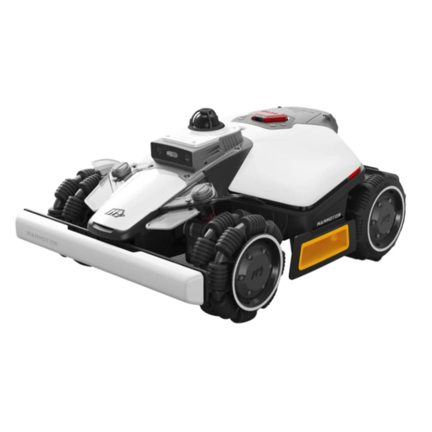 mammotion-luba-mini-2-1500-awd-lidar-robottiruohonleikkuri tuotekuva, valkoinen/musta/keltainen, sivu-yläviistosta.