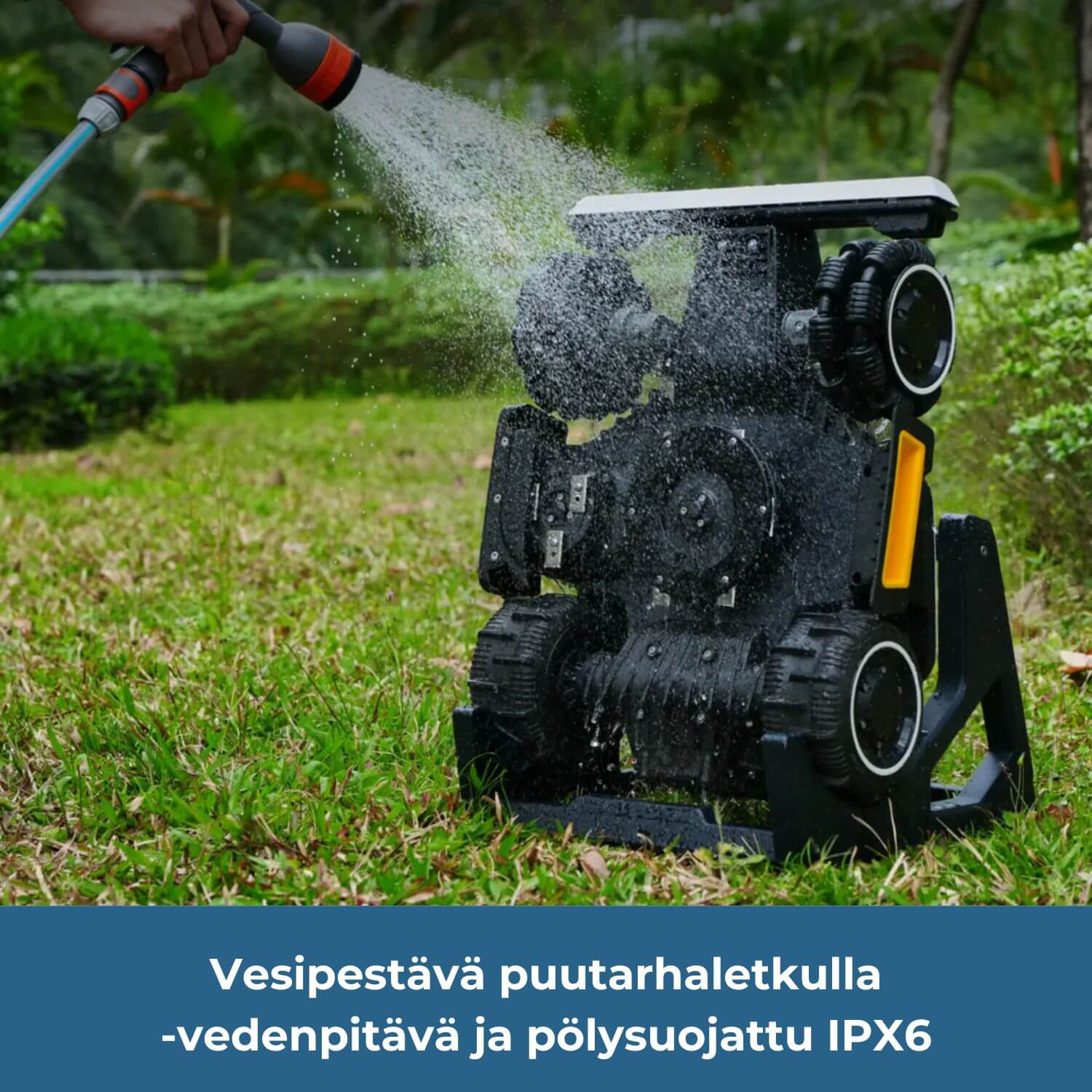 mammotion luba mini 2 awd lidar robottiruohonleikkuri voidaan pestä puutarhaletkulla, sillä se on vesipestävä/vesitiivis ja pölysuojattu IPX6 -luokituksella.