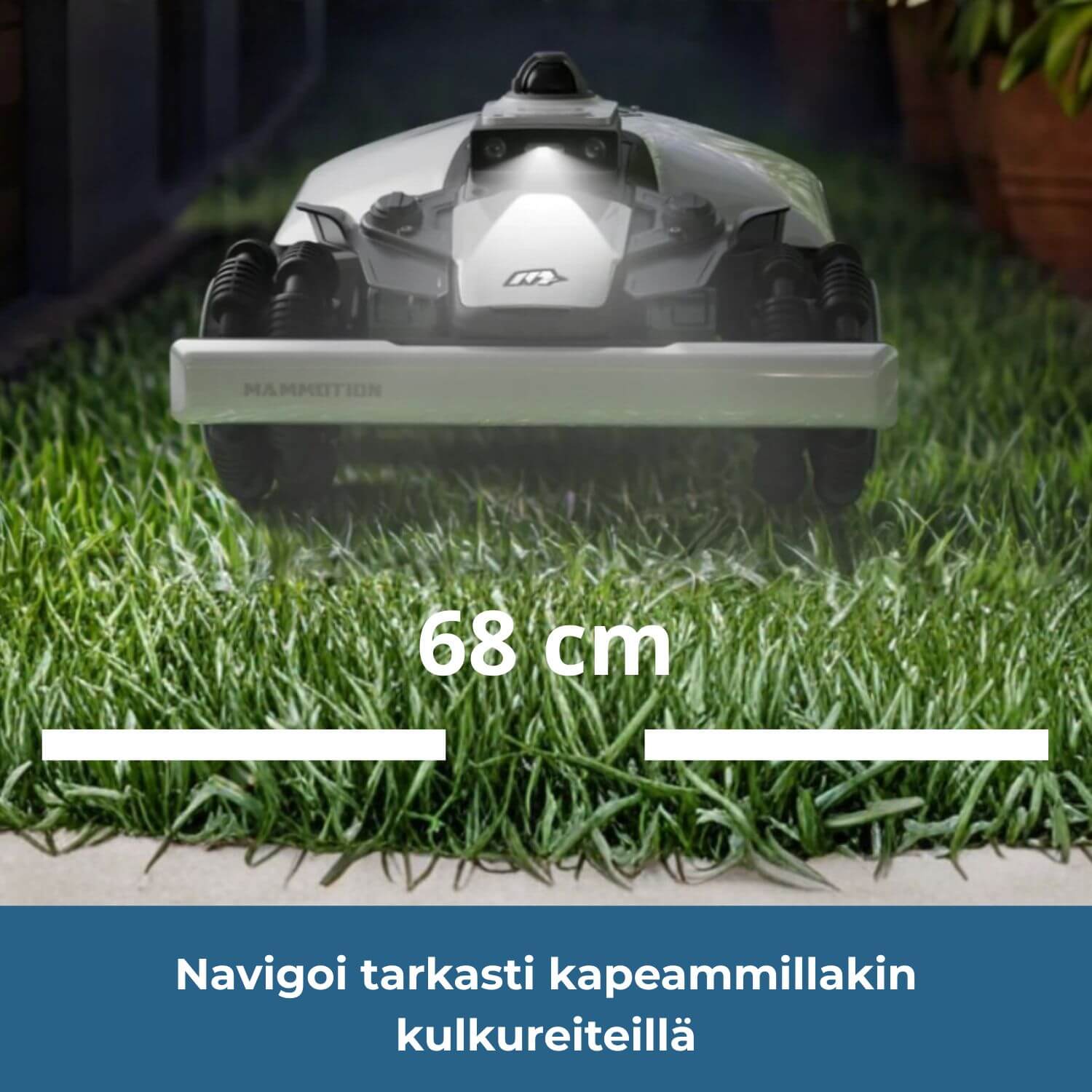 mammotion luba mini 2 awd lidar robottiruohonleikkuri navigoi tarkasti kapeammillakin kulkureiteillä (leveys minimissään 68 cm).