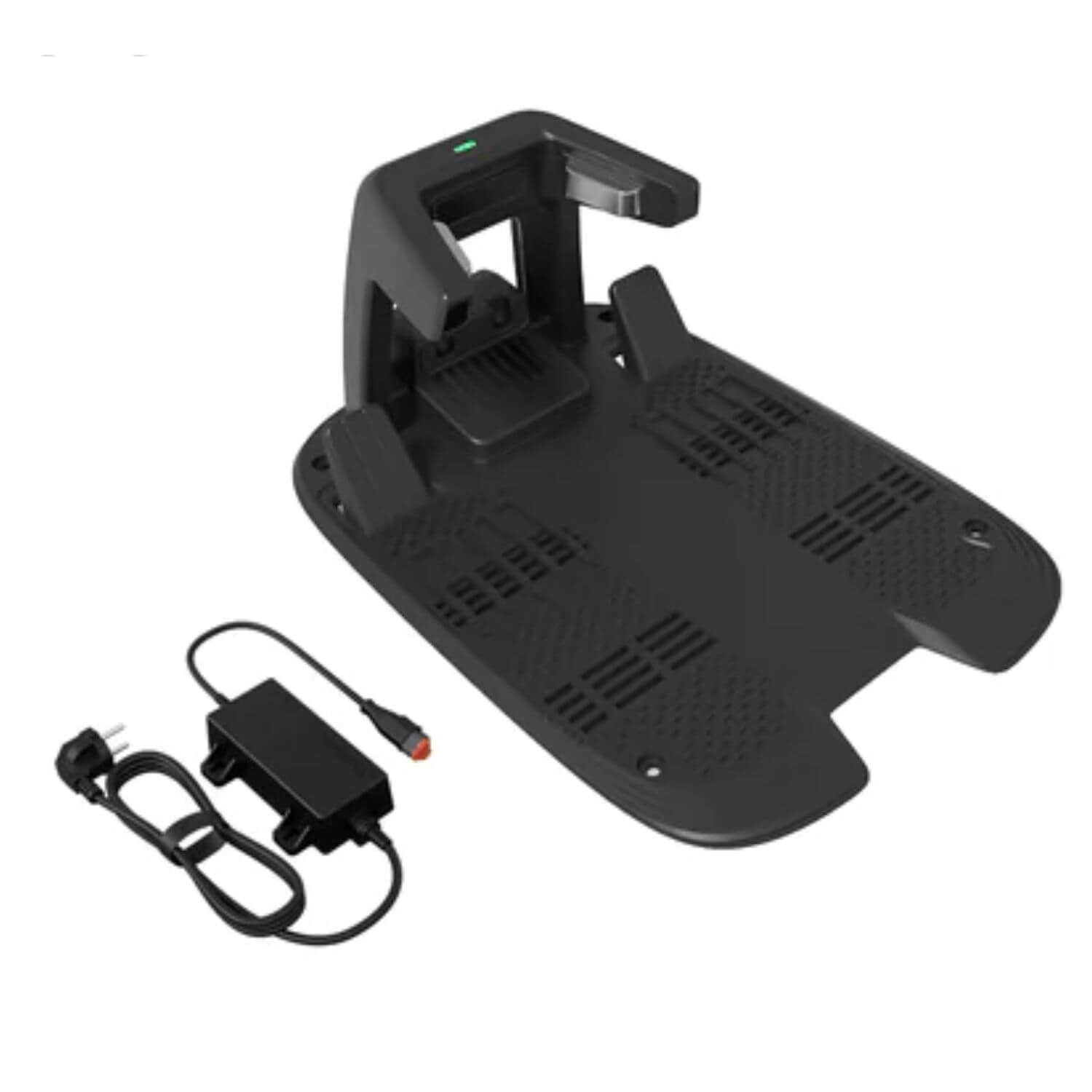 mammotion-yuka-mini-2-rajalangaton-robottiruohonleikkurin latausasema ja latausaseman verkkovirtakaapeli.